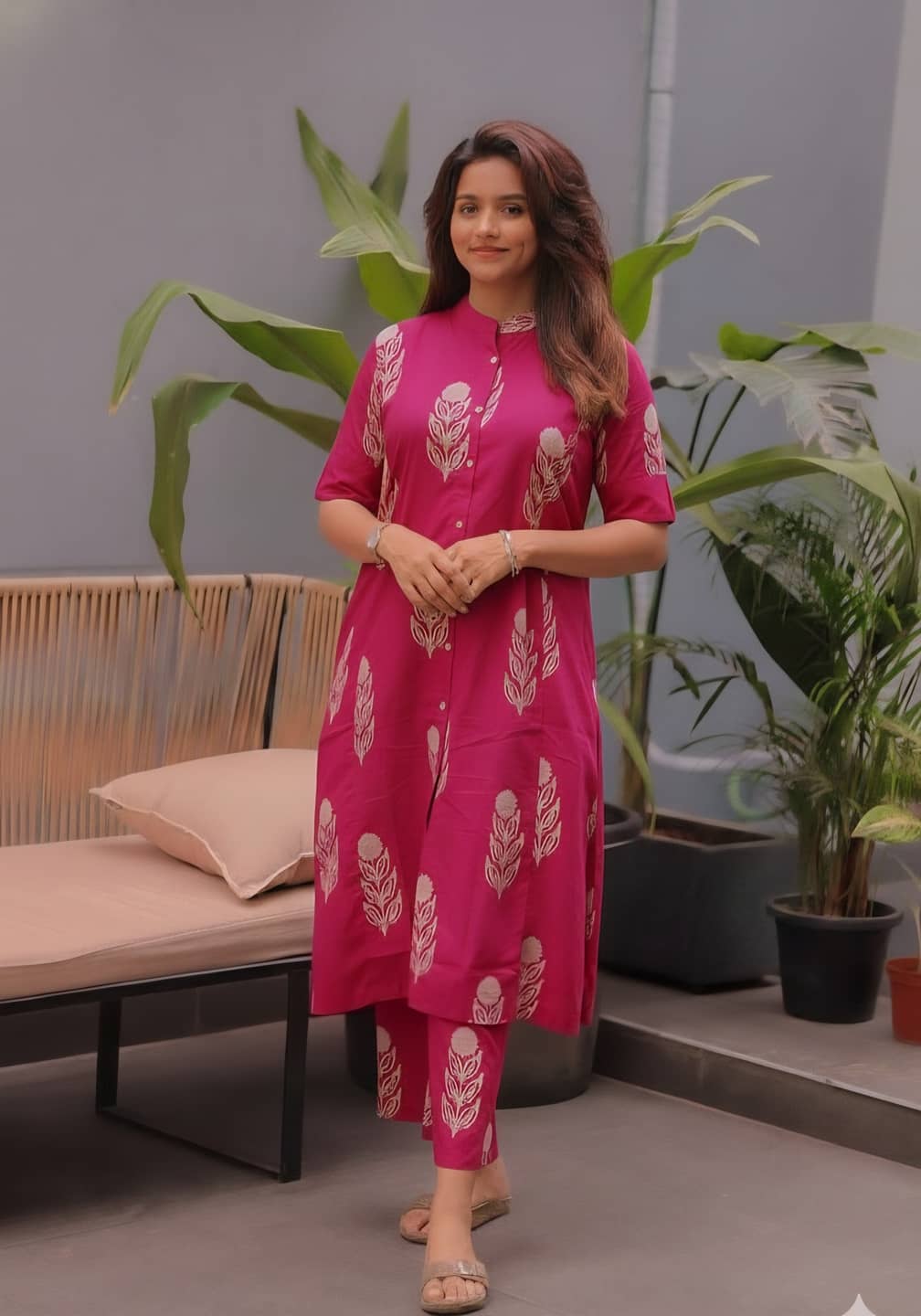 YAGNIK FASHION Women Rayon Self Design A-line Kurti With Pants ( Pink )