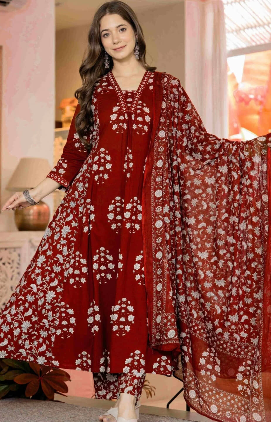 YAGNIK FASHION Women Rayon Self Design Anarkali Kurti With Pants ( Maroon )