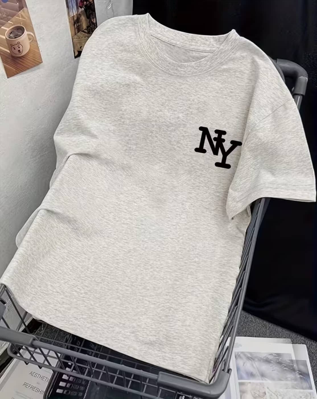 ELBATROSS Women Cotton Blend Printed Oversized Fit Round Neck T-Shirt ( Grey )