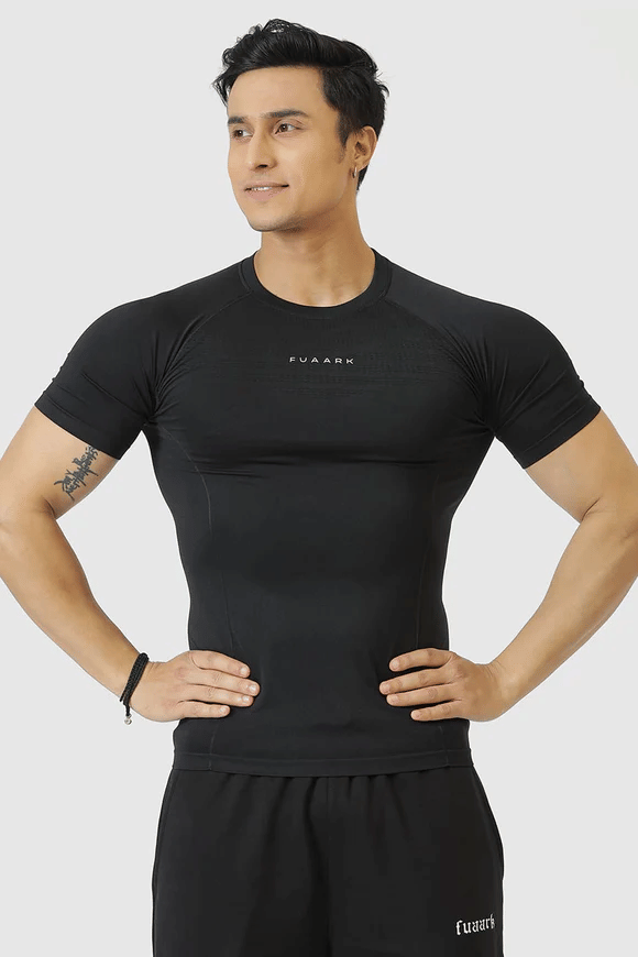 Fuaark Black Nylon Regular Fit Men's Compression T-Shirt ( Pack of 1 )