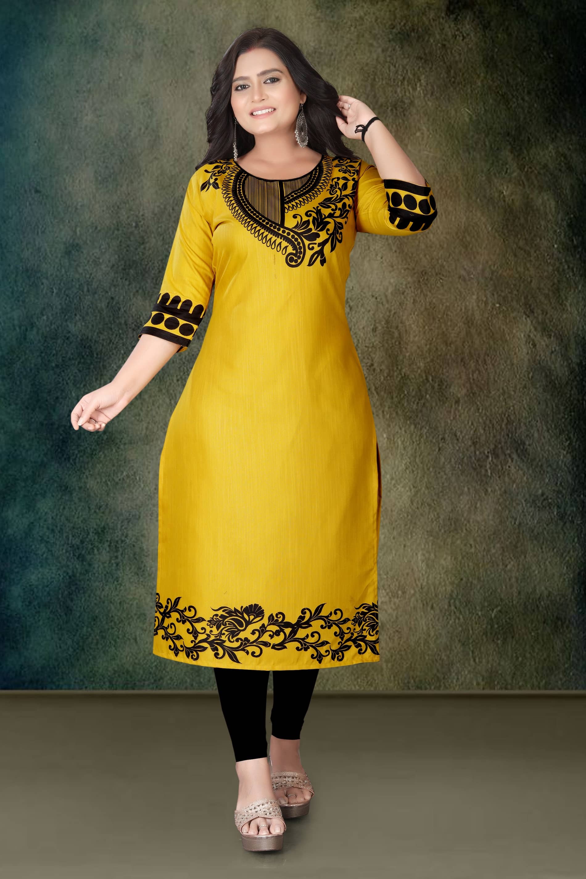 Hetsa Women Rayon Printed A-line Kurti ( Yellow ) - Kurtis, Tunics | Buy online on ZillyBuy