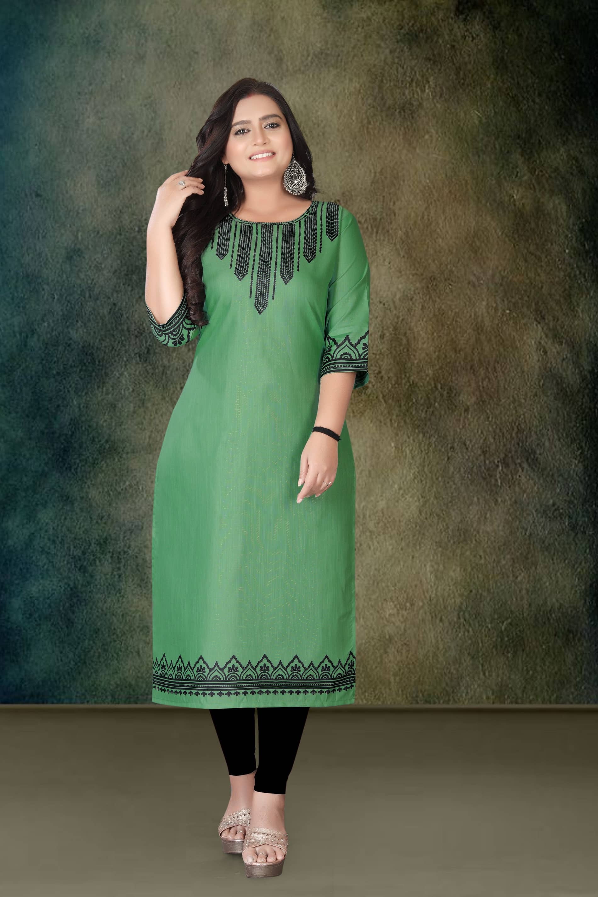 Hetsa Women Rayon Printed A-line Kurti ( Green ) - Kurtis, Tunics | Buy online on ZillyBuy