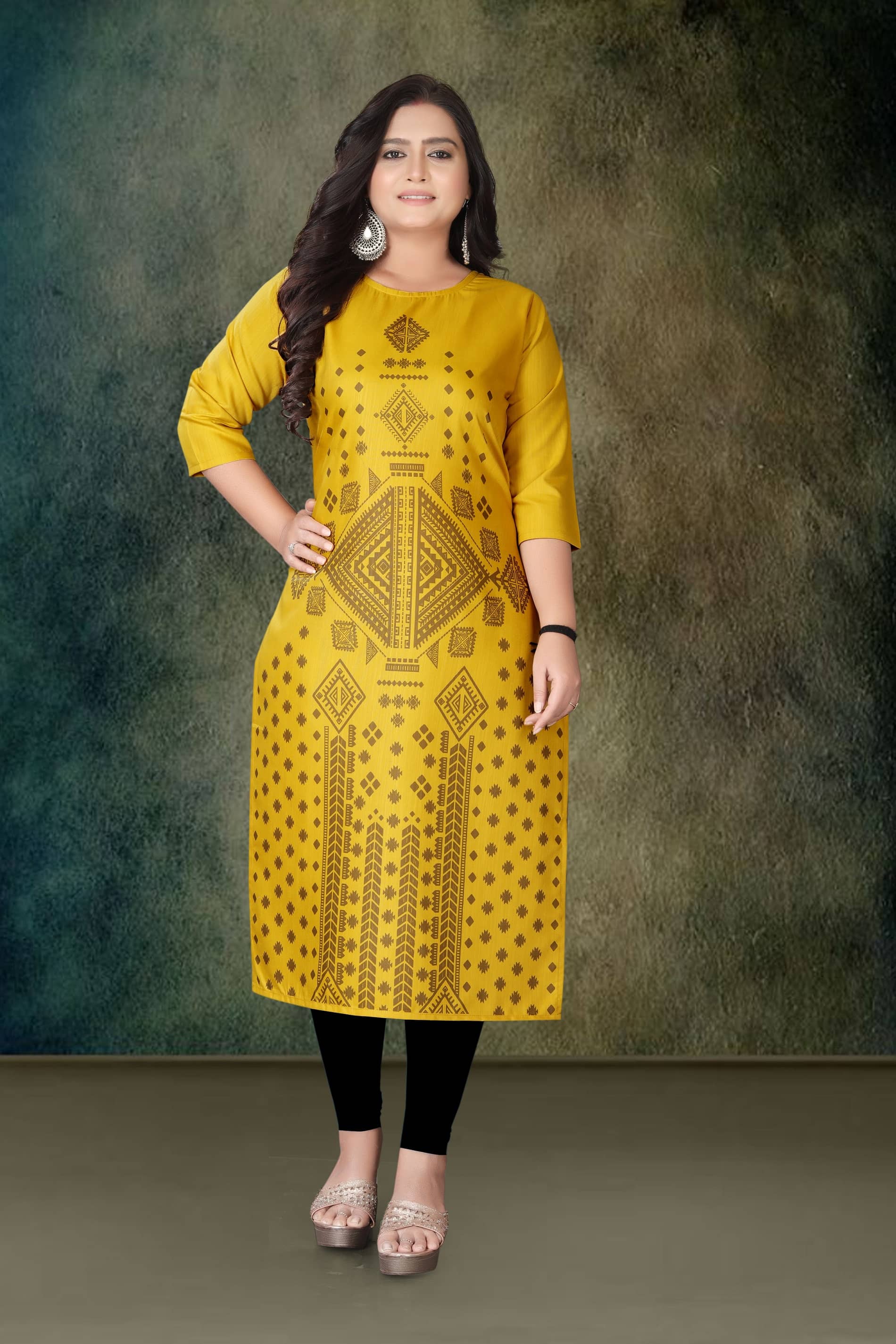 Hetsa Women Rayon Printed A-line Kurti ( Yellow ) - Kurtis, Tunics | Buy online on ZillyBuy