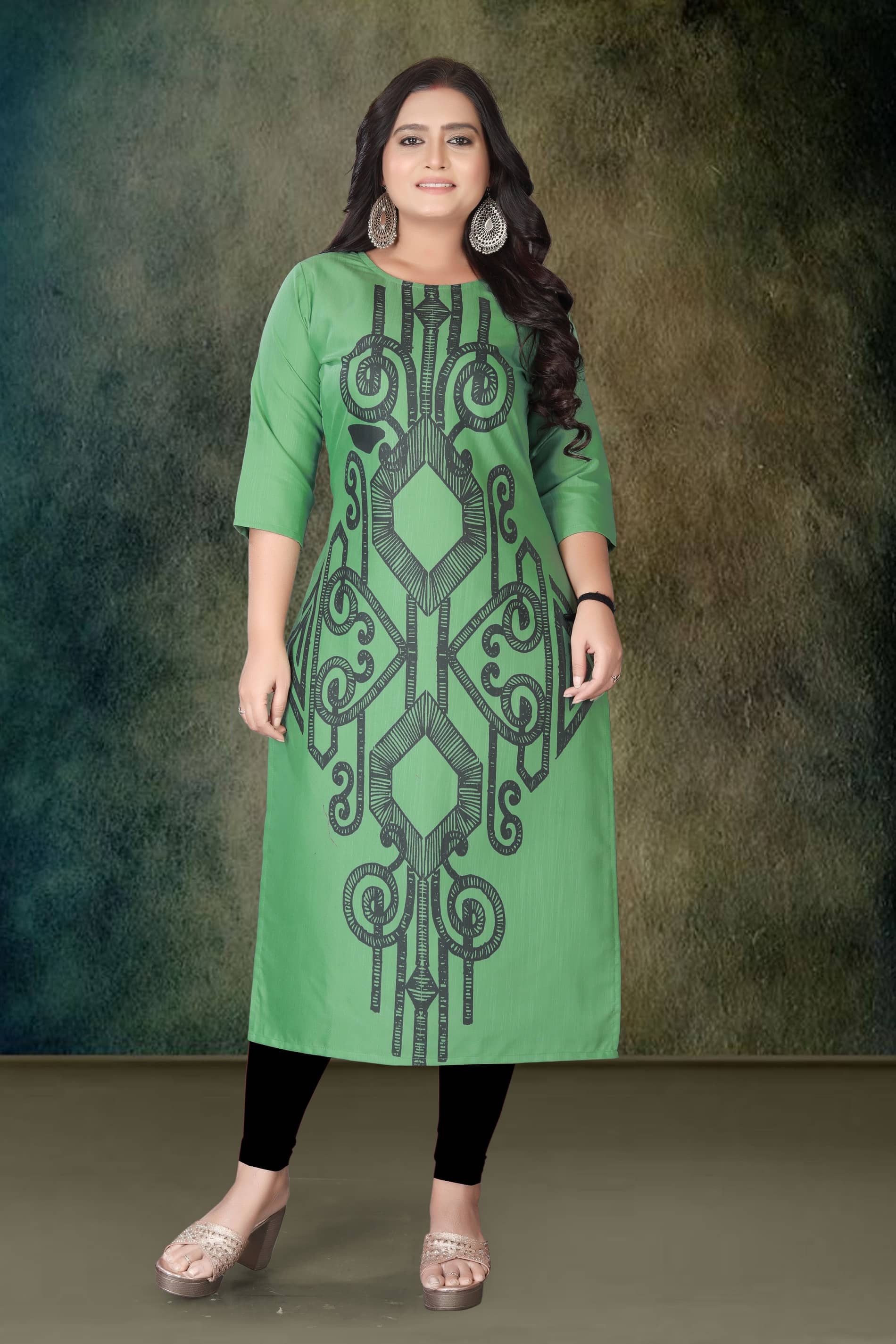Hetsa Women Rayon Printed A-line Kurti ( Green ) - Kurtis, Tunics | Buy online on ZillyBuy