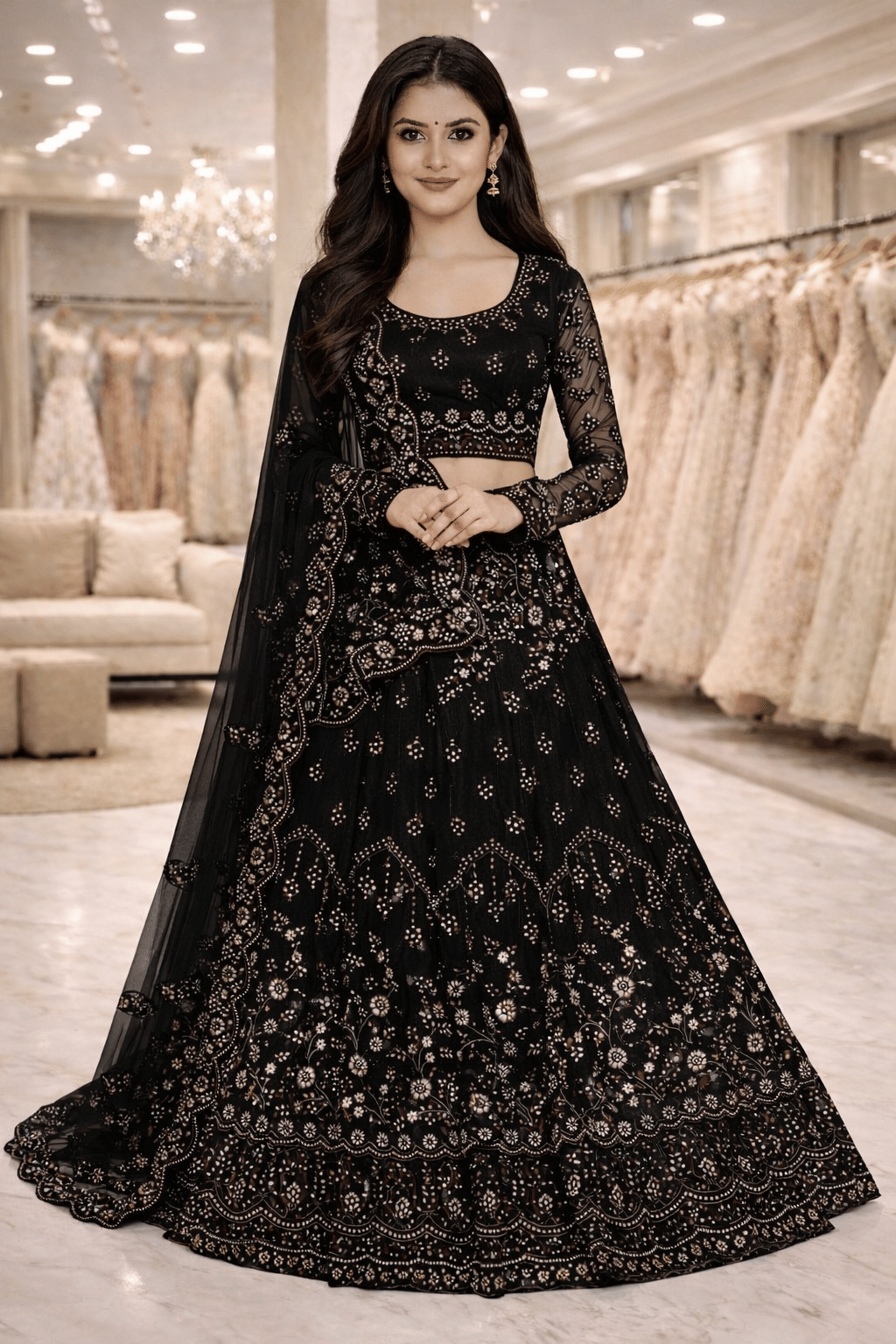 Keyura Net Lehenga Choli Set For Girls ( Pack of 1 , Black )