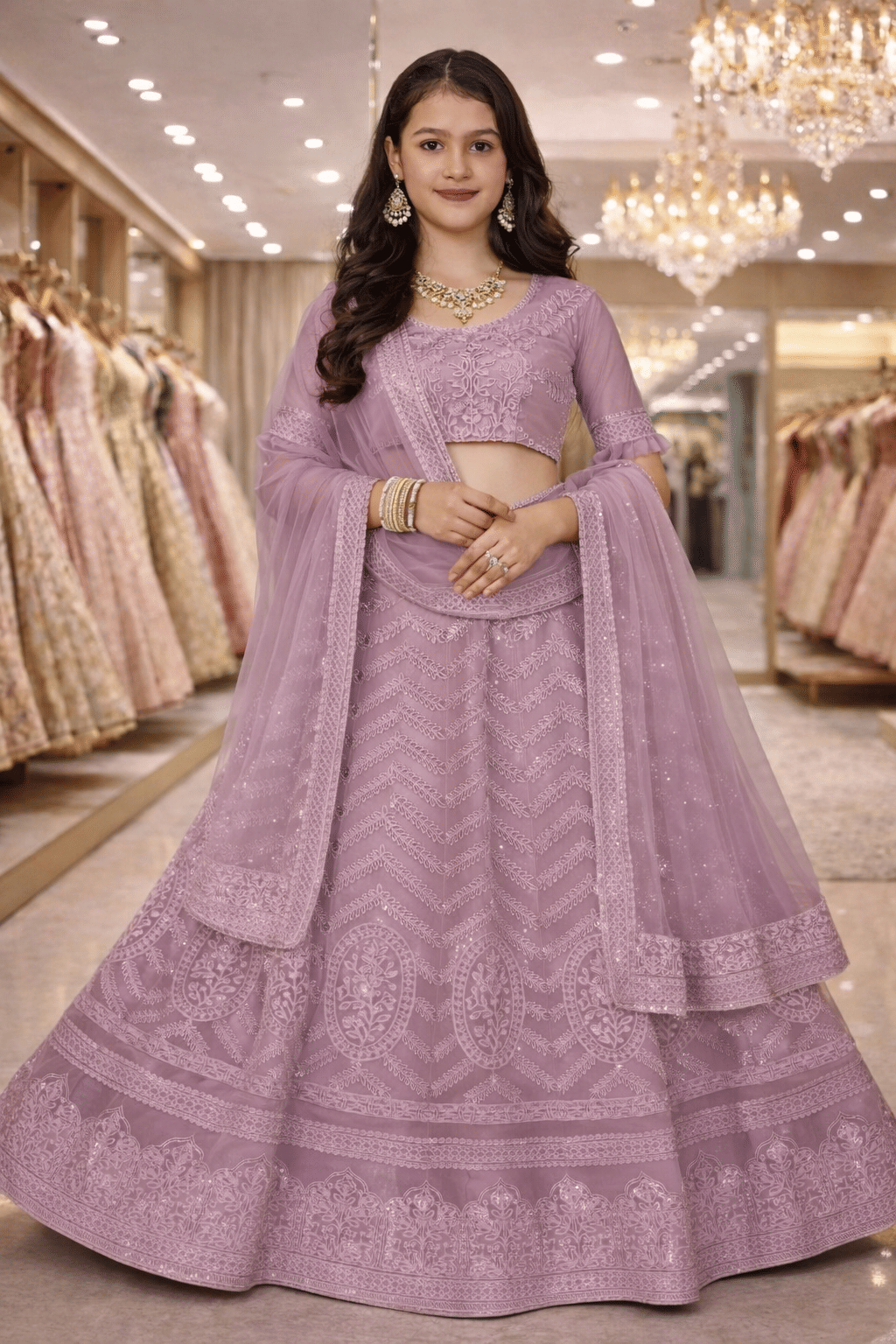 Keyura Net Lehenga Choli Set For Girls ( Pack of 1 , Baby Pink )