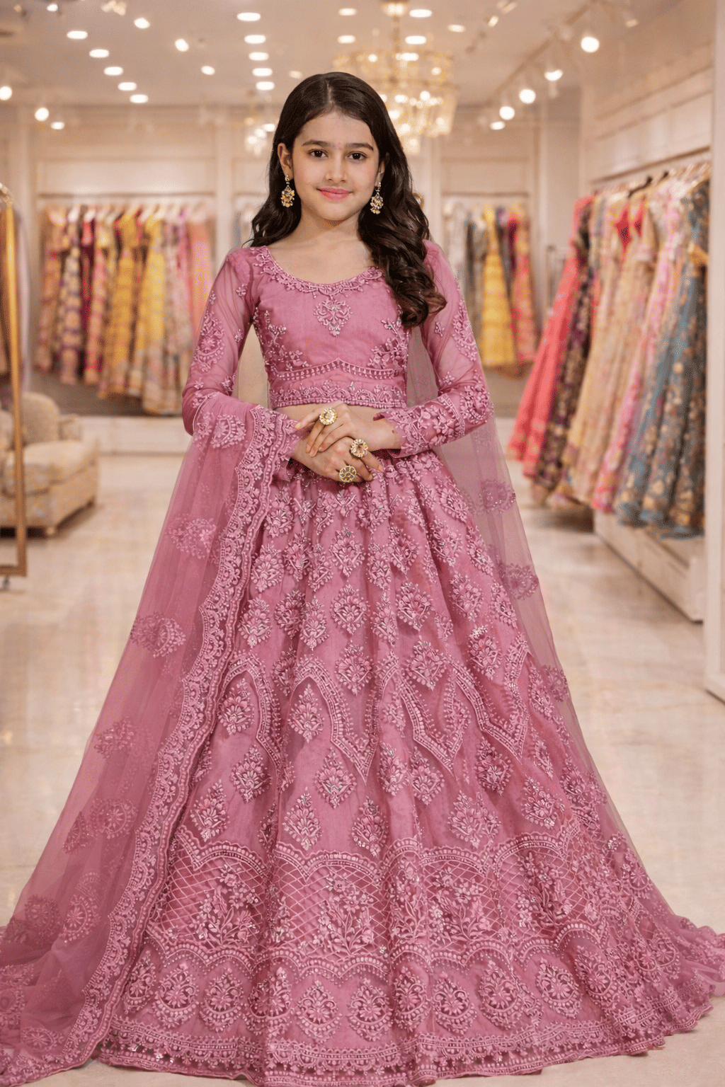 Keyura Net Lehenga Choli Set For Girls ( Pack of 1 , Peach )