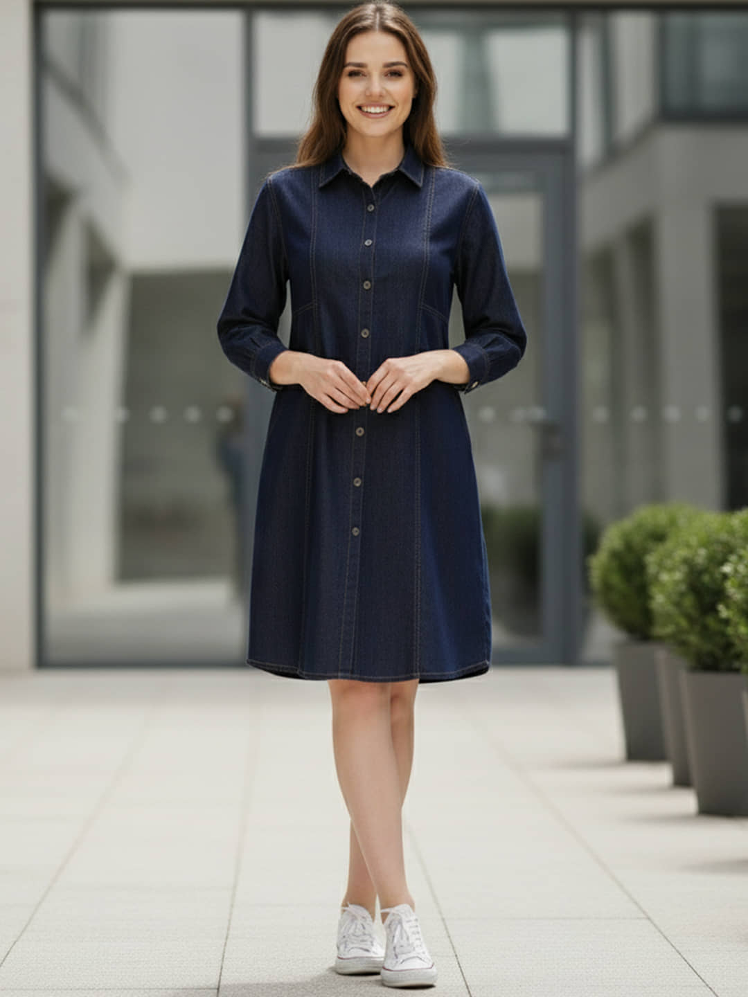 Addyvero Women Denim Solid A-line Dress ( Light Blue )