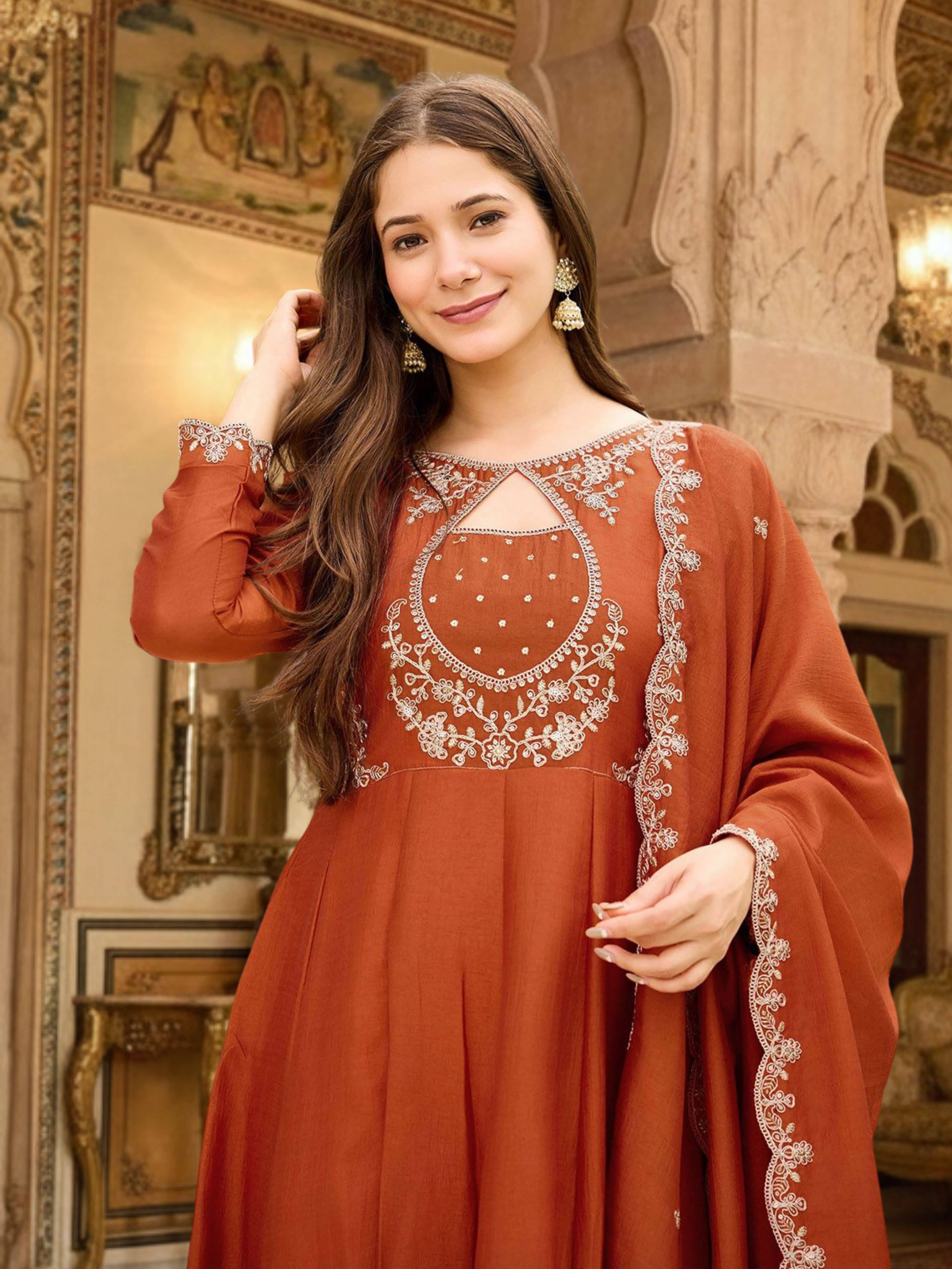 Royal Export Women Silk Blend Embroidered Anarkali Kurti With Pants ( Rust )