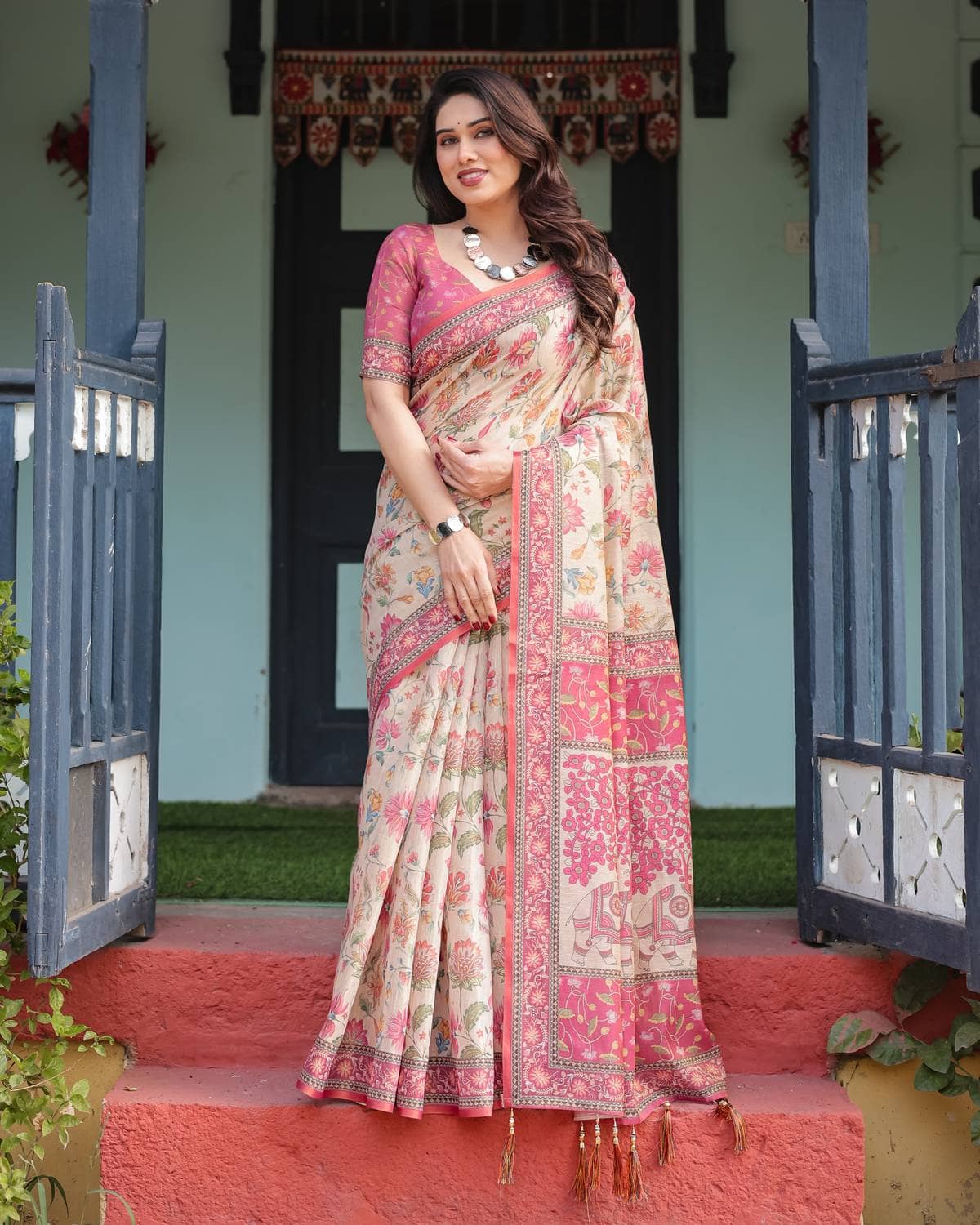 kiyan enterprise linen Printed Regular Saree With Unstitched Blouse Piece ( Multicolor ) - Sarees | Buy online on ZillyBuy