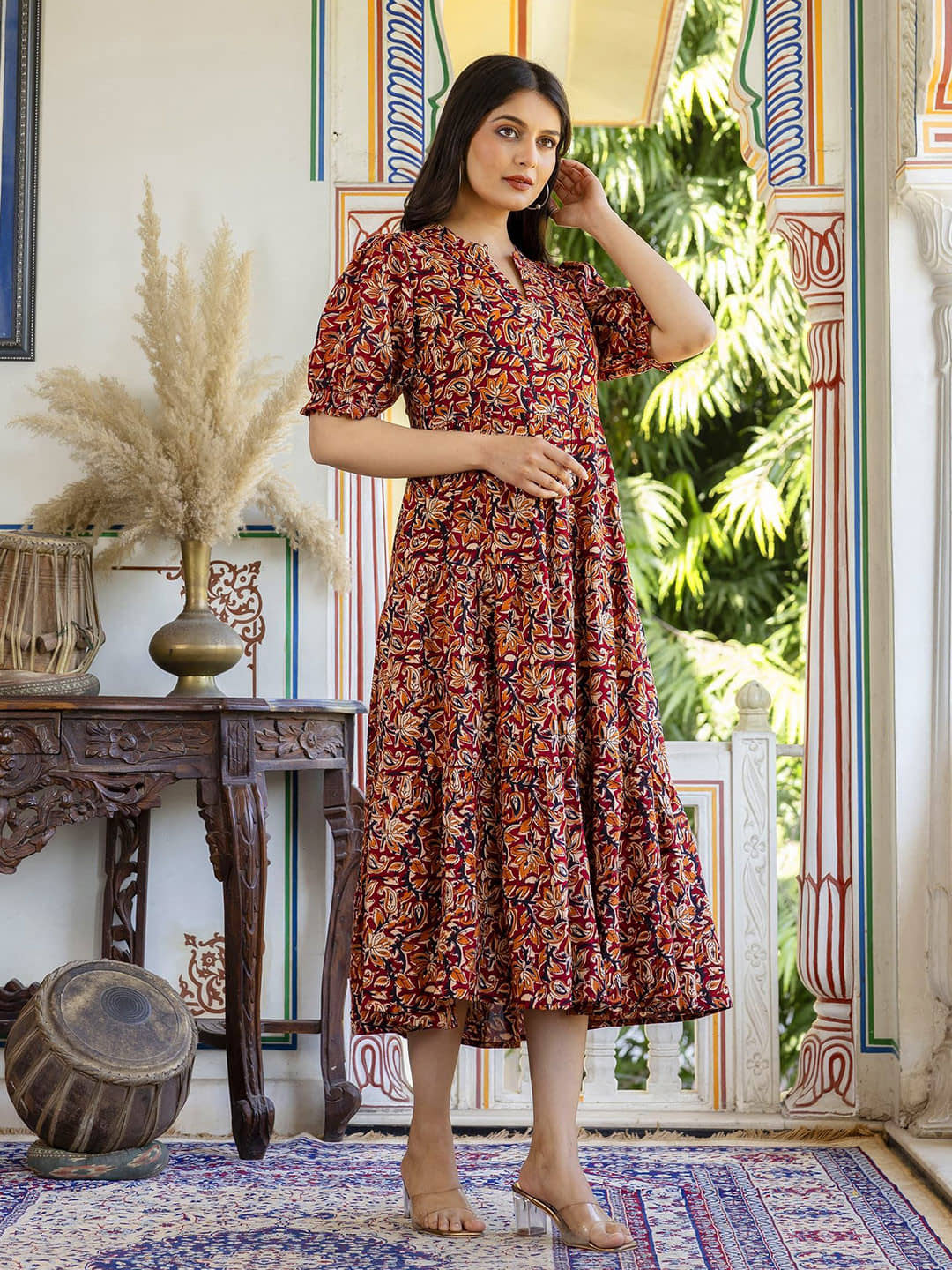 Femvy Women Crepe Printed Fit & Flare Dress ( Brown )