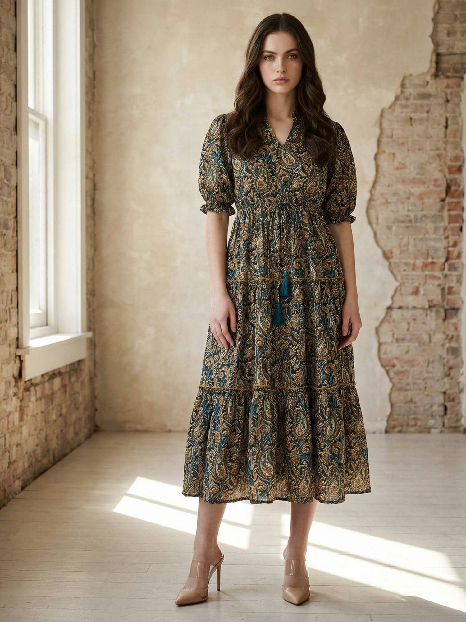 Femvy Women Crepe Printed Fit & Flare Dress ( Yellow )