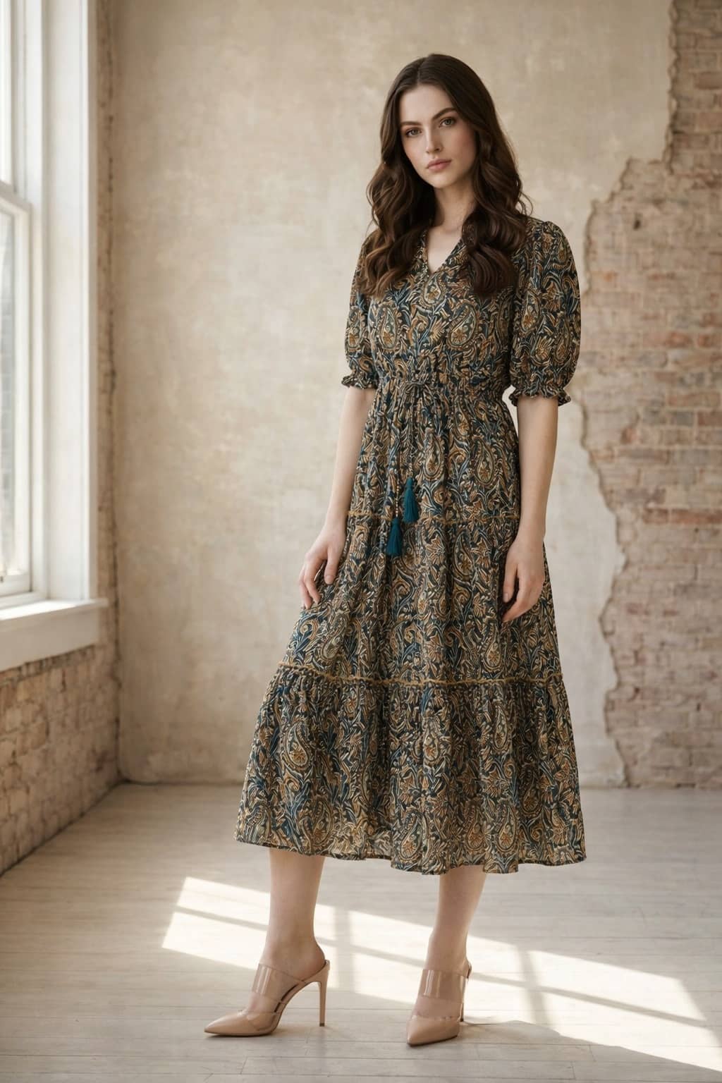 Femvy Women Crepe Printed Fit & Flare Dress ( Brown )
