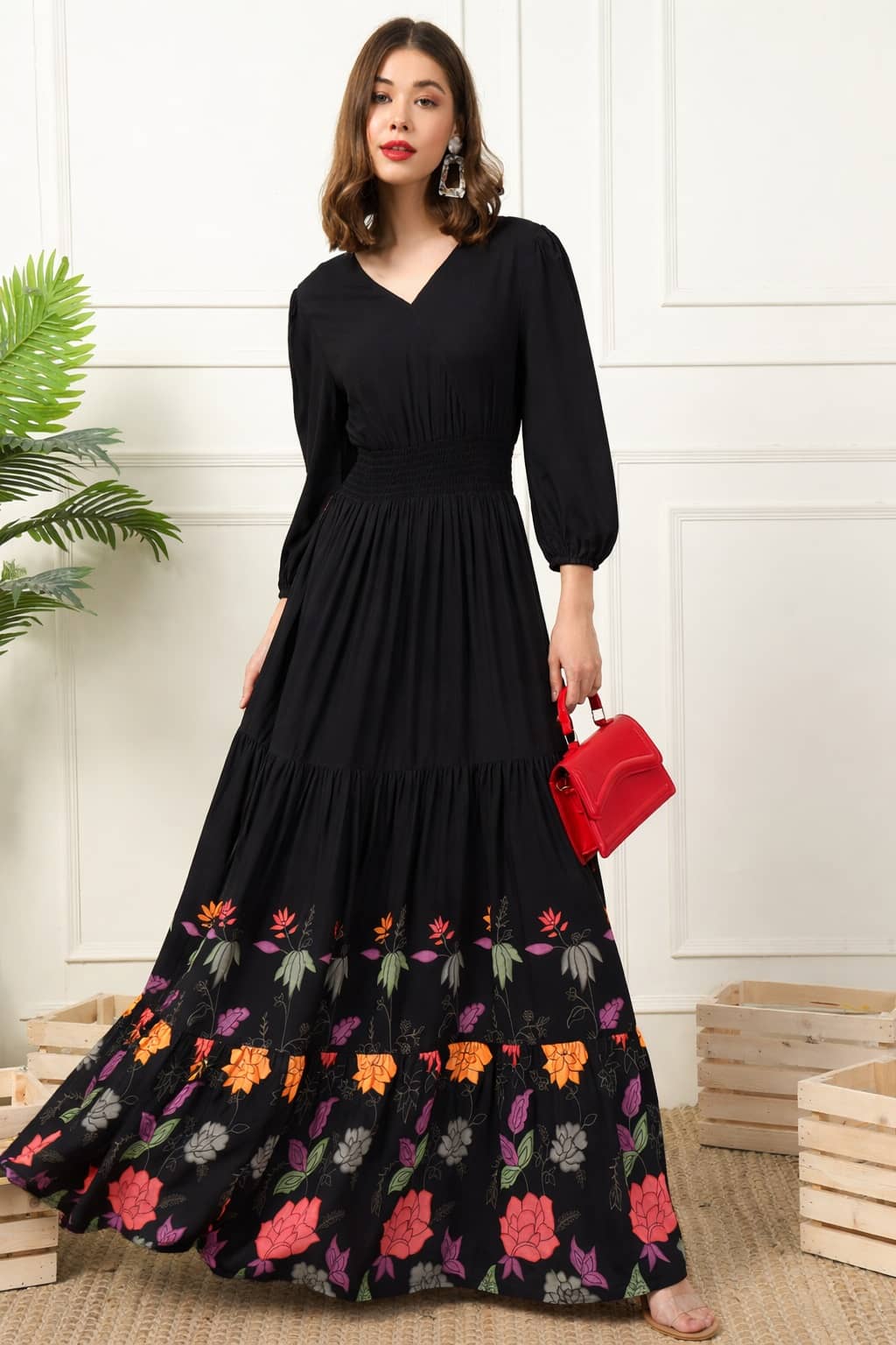 Femvy Women Crepe Printed Fit & Flare Dress ( Black )