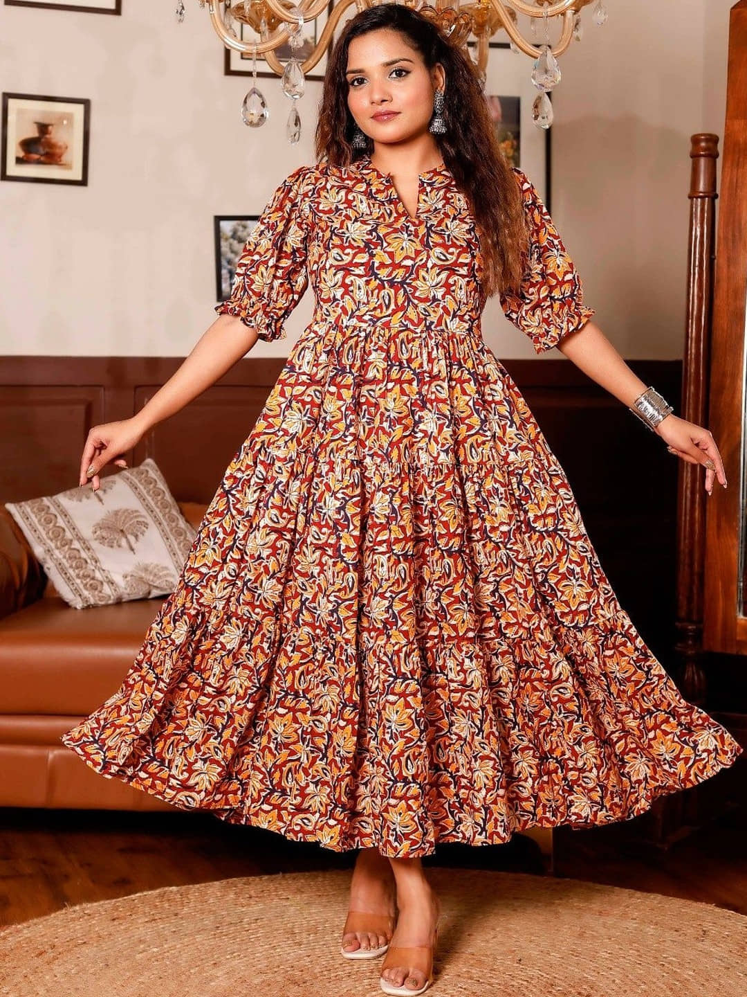 Krunal Raiyani Women Crepe Printed Fit & Flare Dress ( Brown )