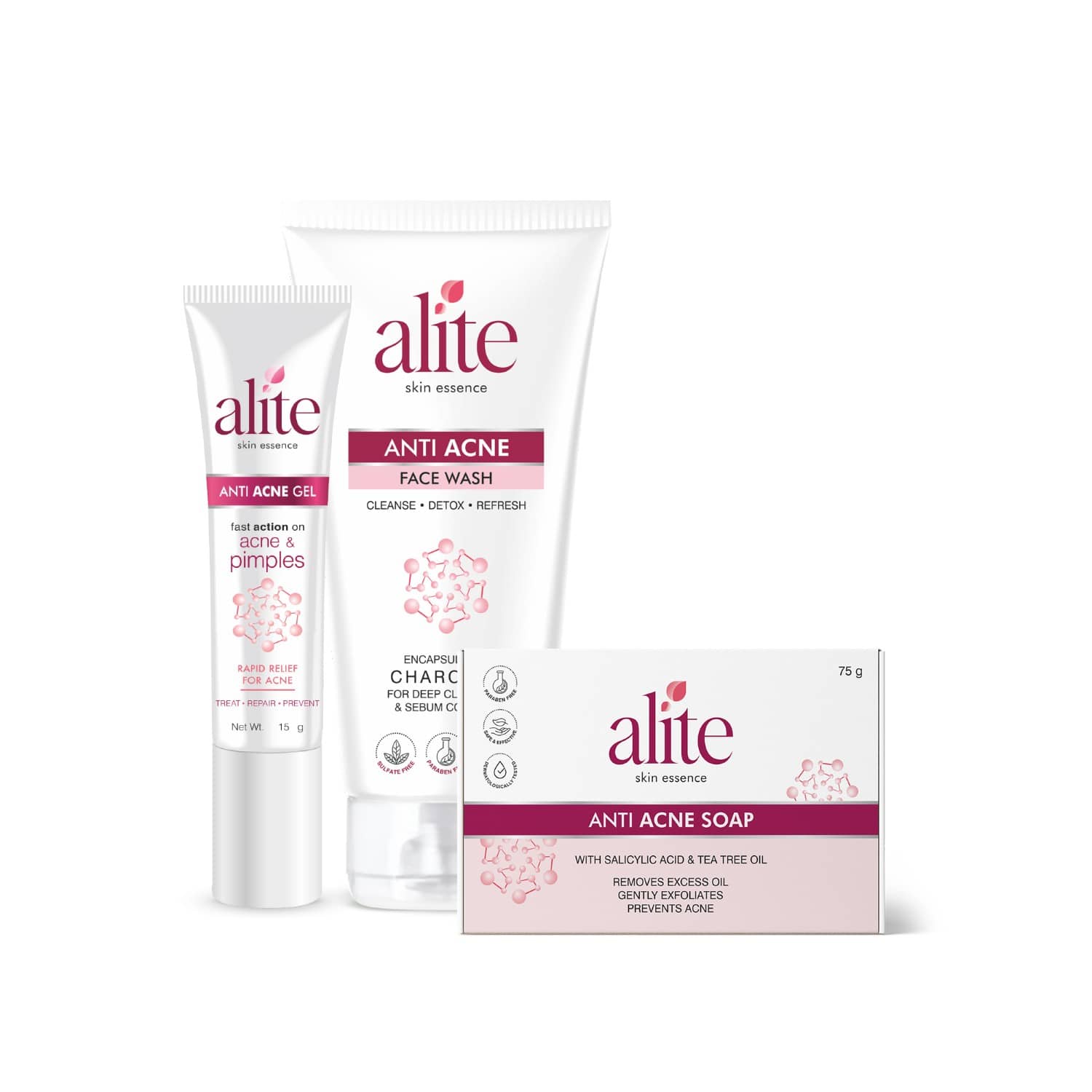 alite Anti Acne Charcoal Facewash 70g & Anti Acne Gel 15g & Anti acne soap 75g Combo Pack