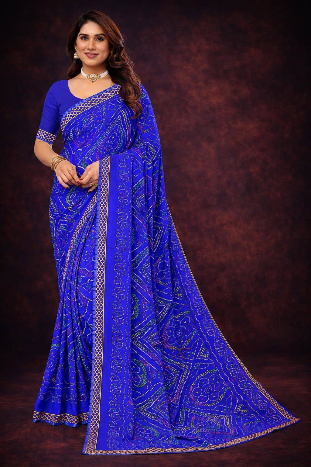 Kanooda Prints Georgette Printed Bandhani Sarees With Unstitched Blouse Piece ( Blue ) - Sarees | Buy online on ZillyBuy