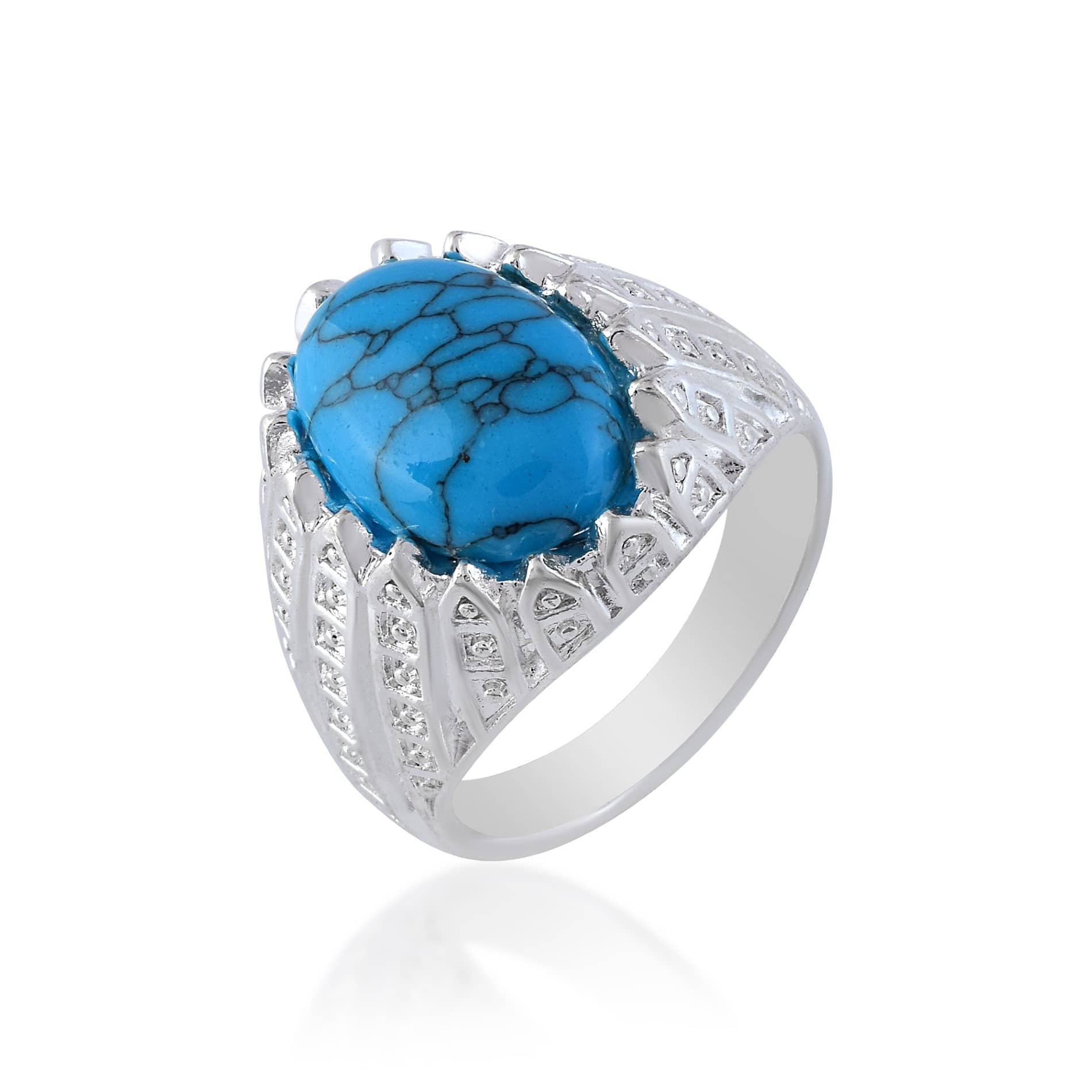 Silver-Plated Oval Blue Turquoise (Firoza) Handcrafted Design Ring