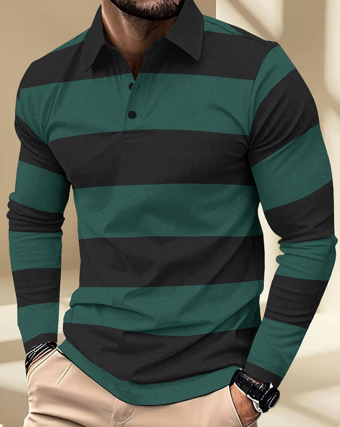 Eyebogler Men Cotton Blend Regular Fit Striped Polo T Shirt ( Dark Green )