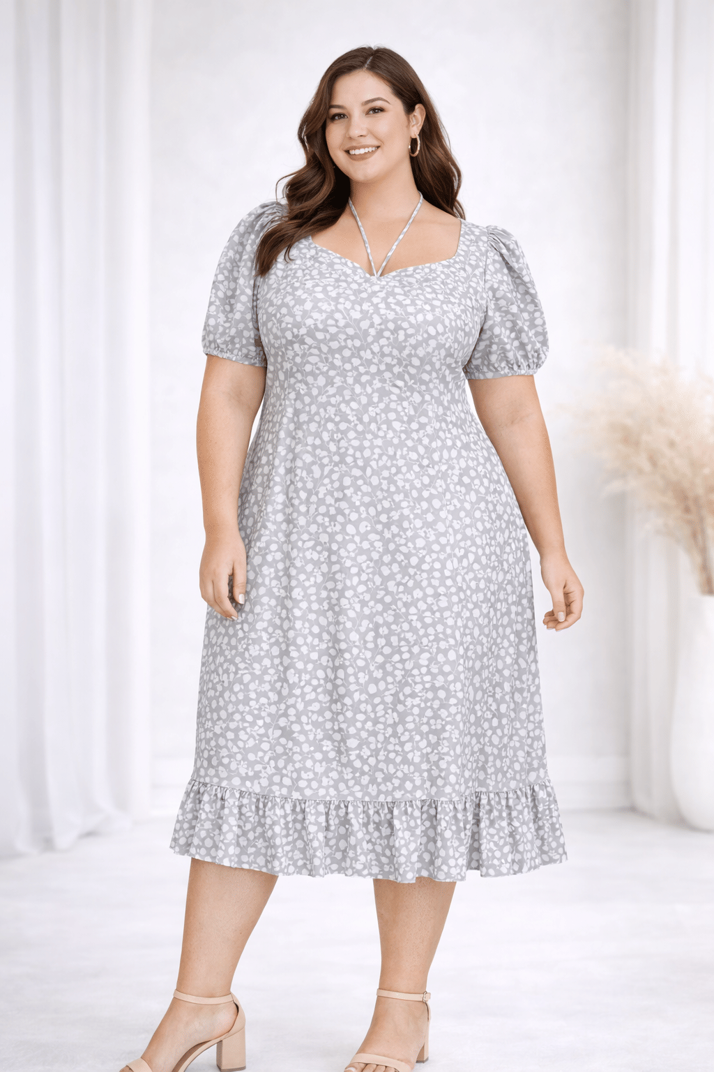 PrettyPlus by Desinoor.com Women Crepe Printed Fit & Flare Dress ( Grey )