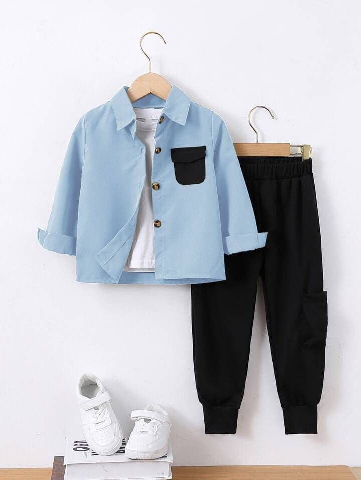 Ocvito Pack of 1 Boys Cotton Shirt & Pants Set ( Blue )