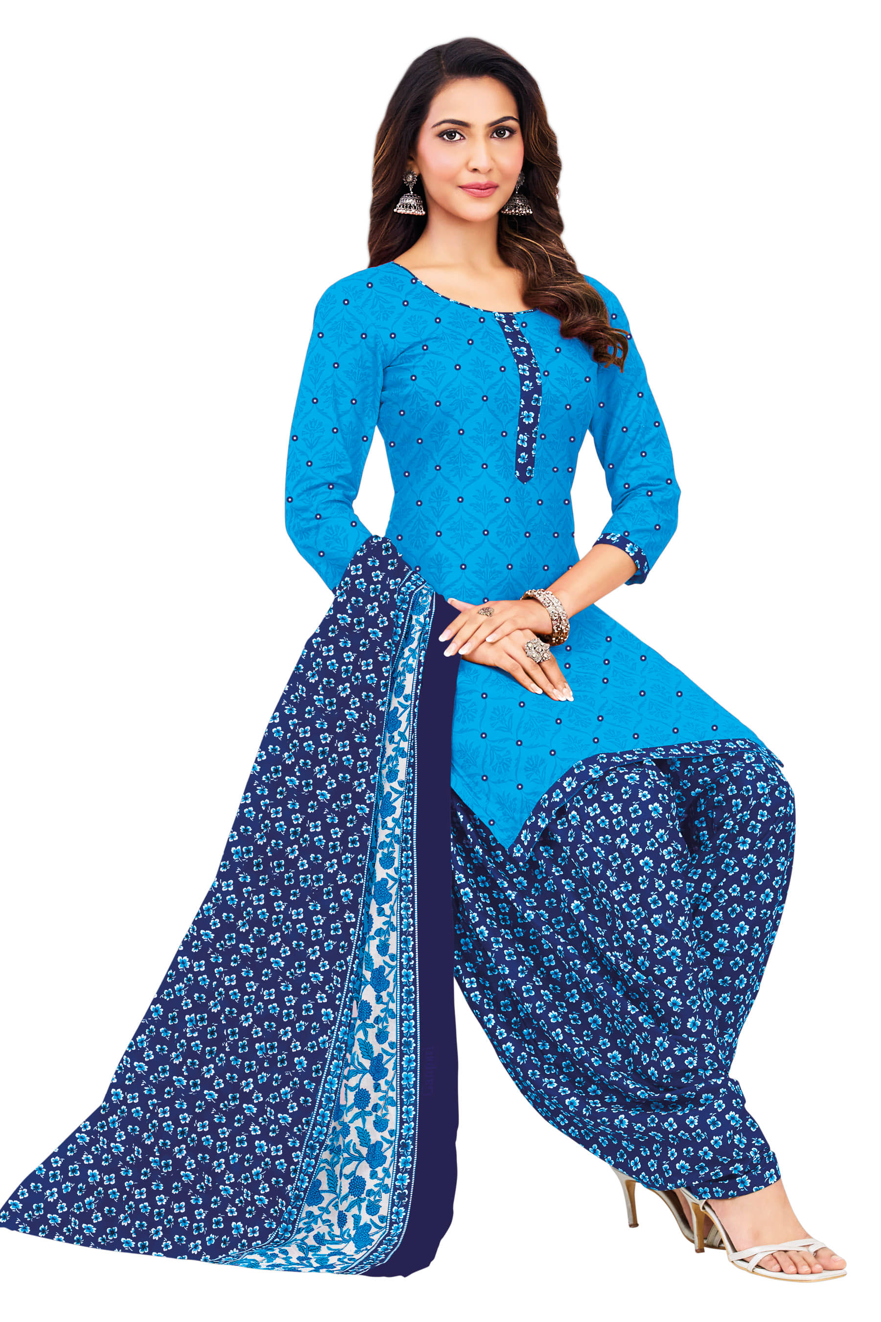 SIMMU Women Cotton Printed Straight Kurti With Patiala Salwar ( Blue )