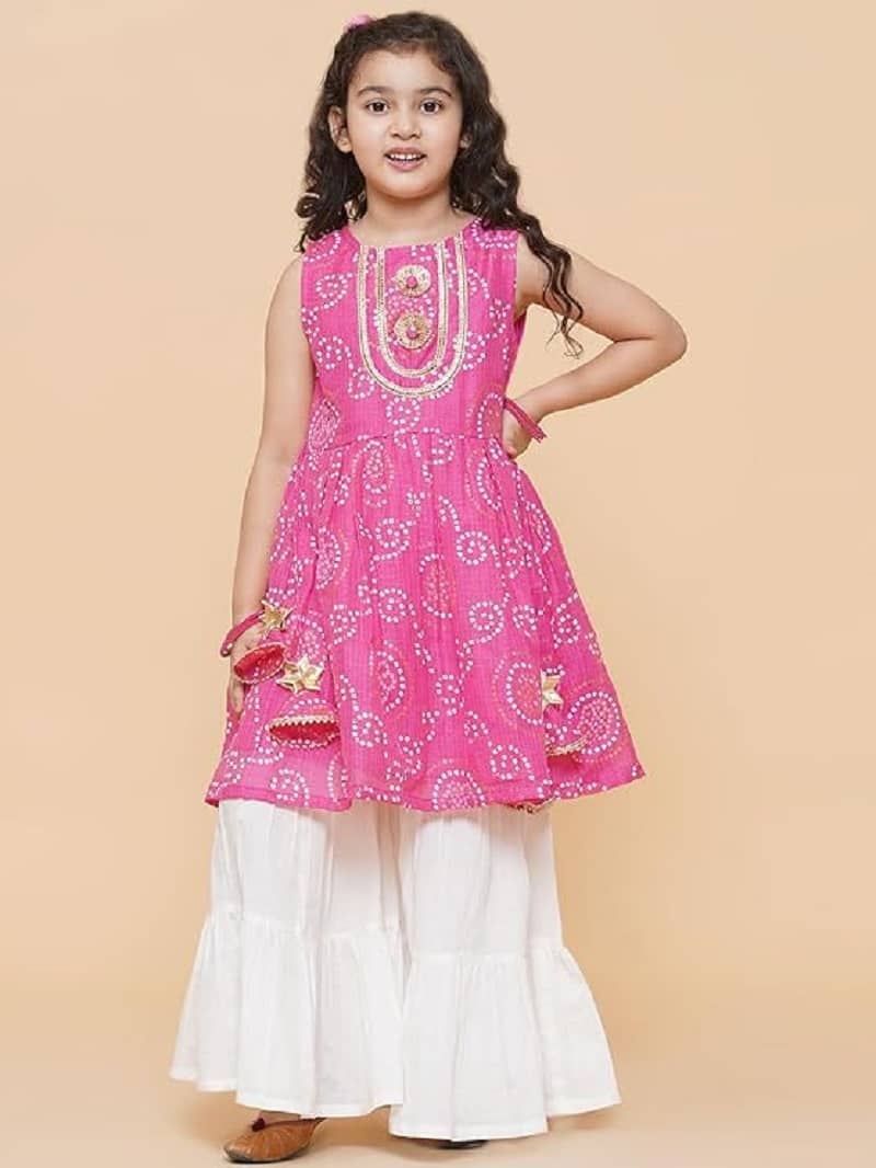 TechieDesigner Girls Rayon Kurti with Sharara ( Pack of 1 , Pink )