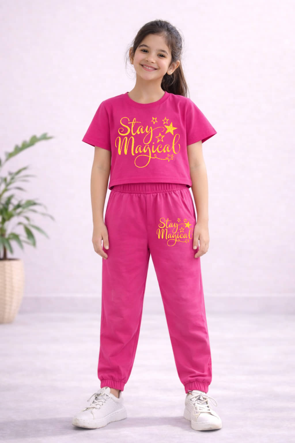 Trampoline Pack of 1 Girls Cotton Blend T-shirt & Trackpants ( Pink )