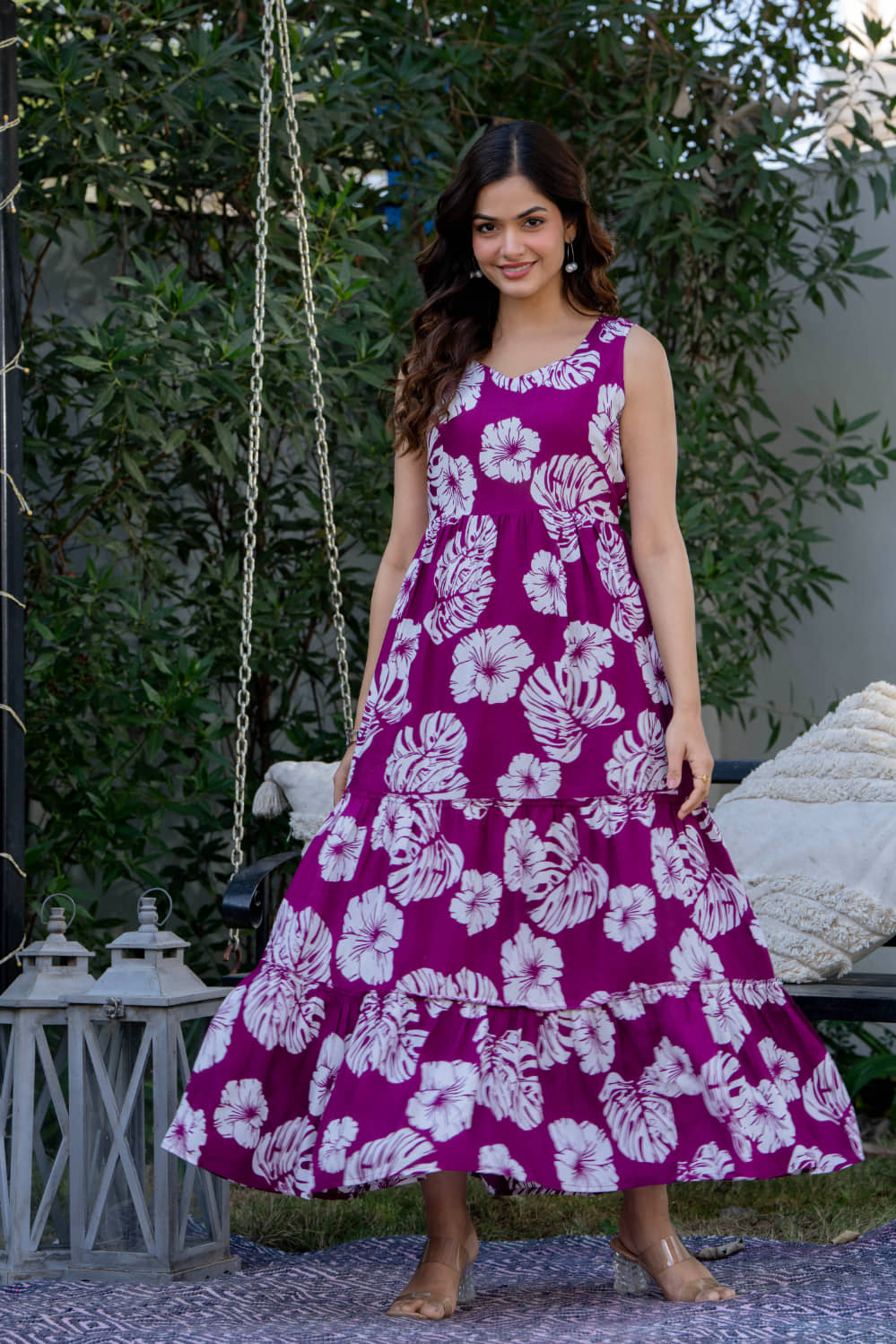 VIKASH FAB Women Viscose Rayon Printed Gown ( Purple )