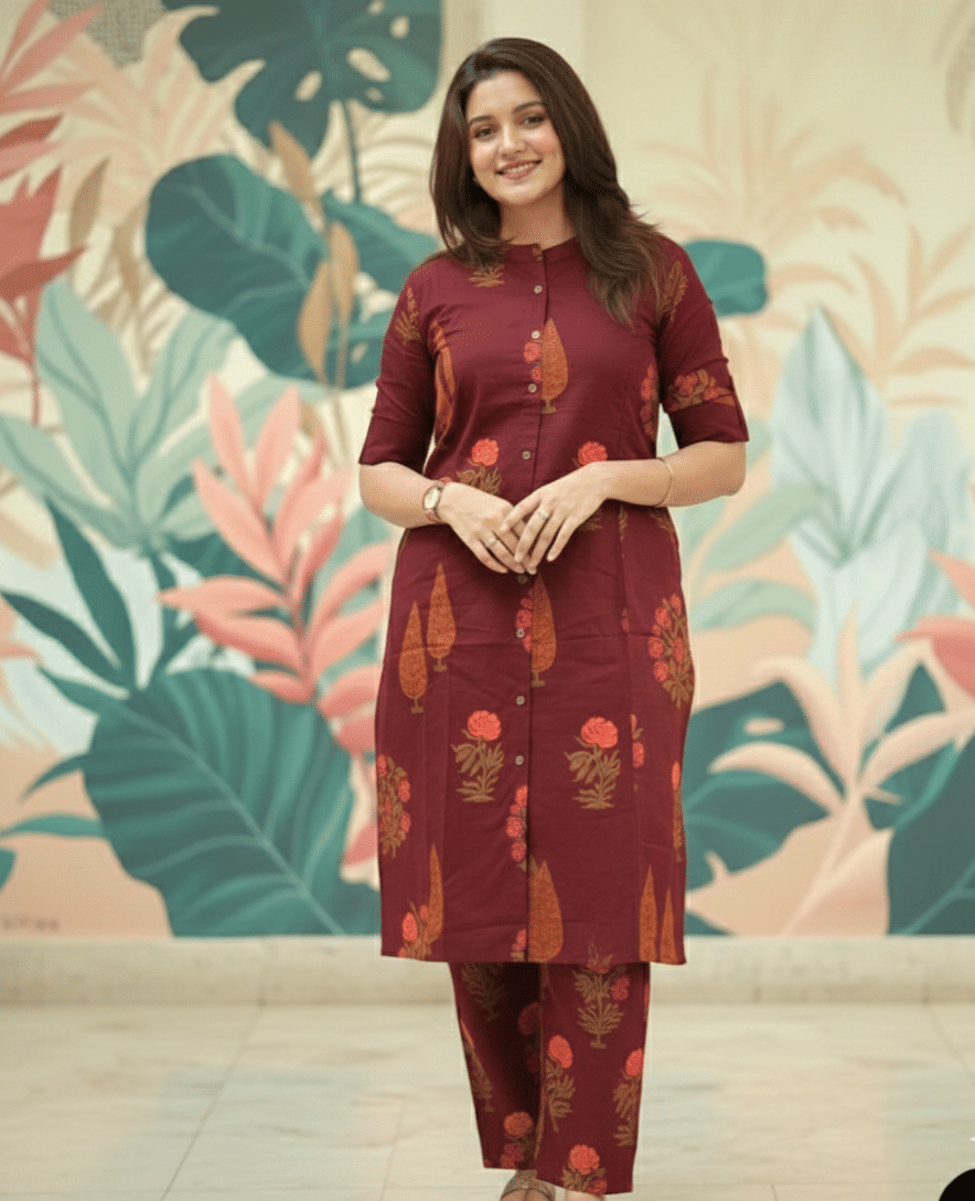 YAGNIK FASHION Women Rayon Printed A-line Kurti With Pants ( Maroon )