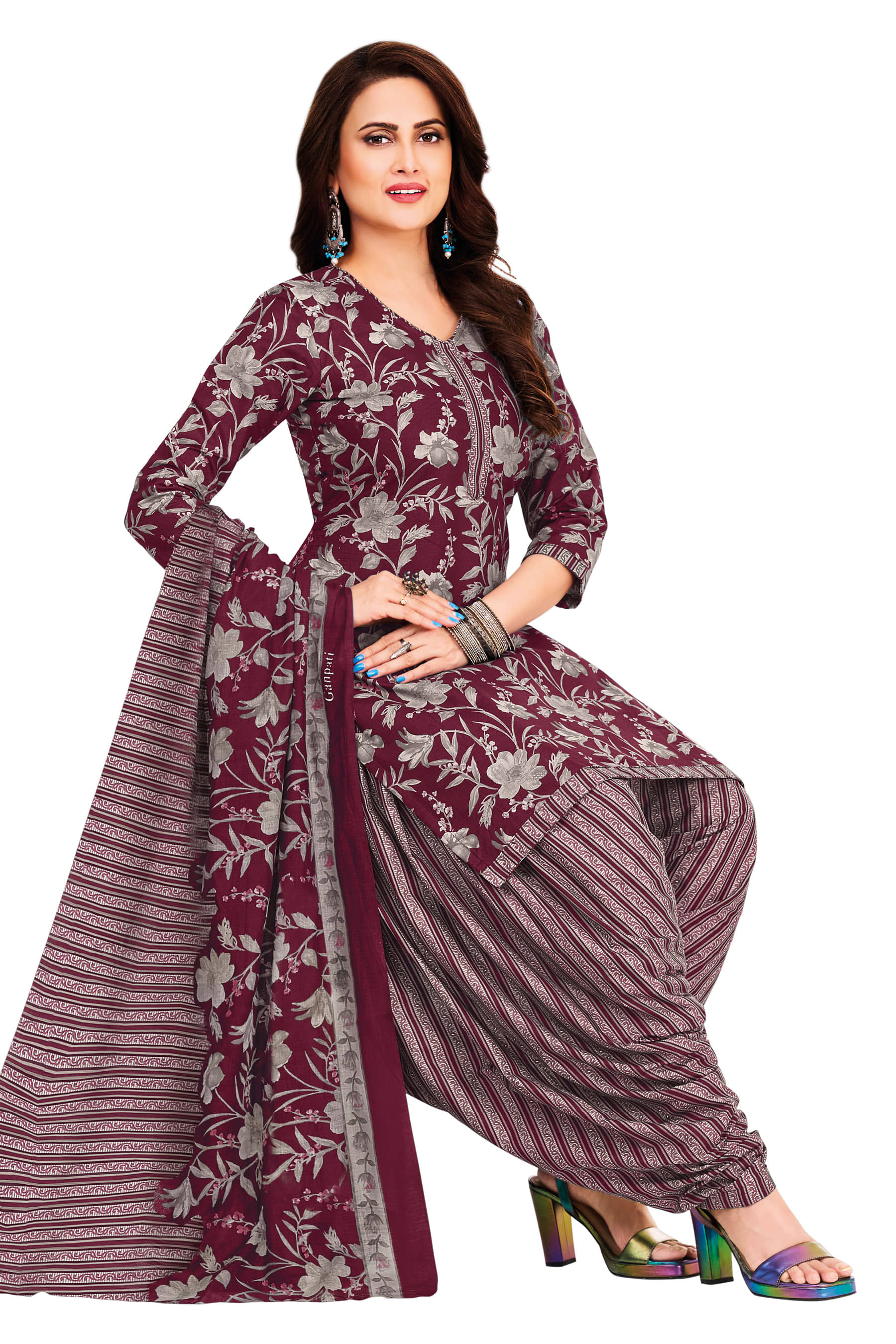 shree jeenmata collection Women Cotton Printed Straight Kurti With Patiala Salwar ( Purple )