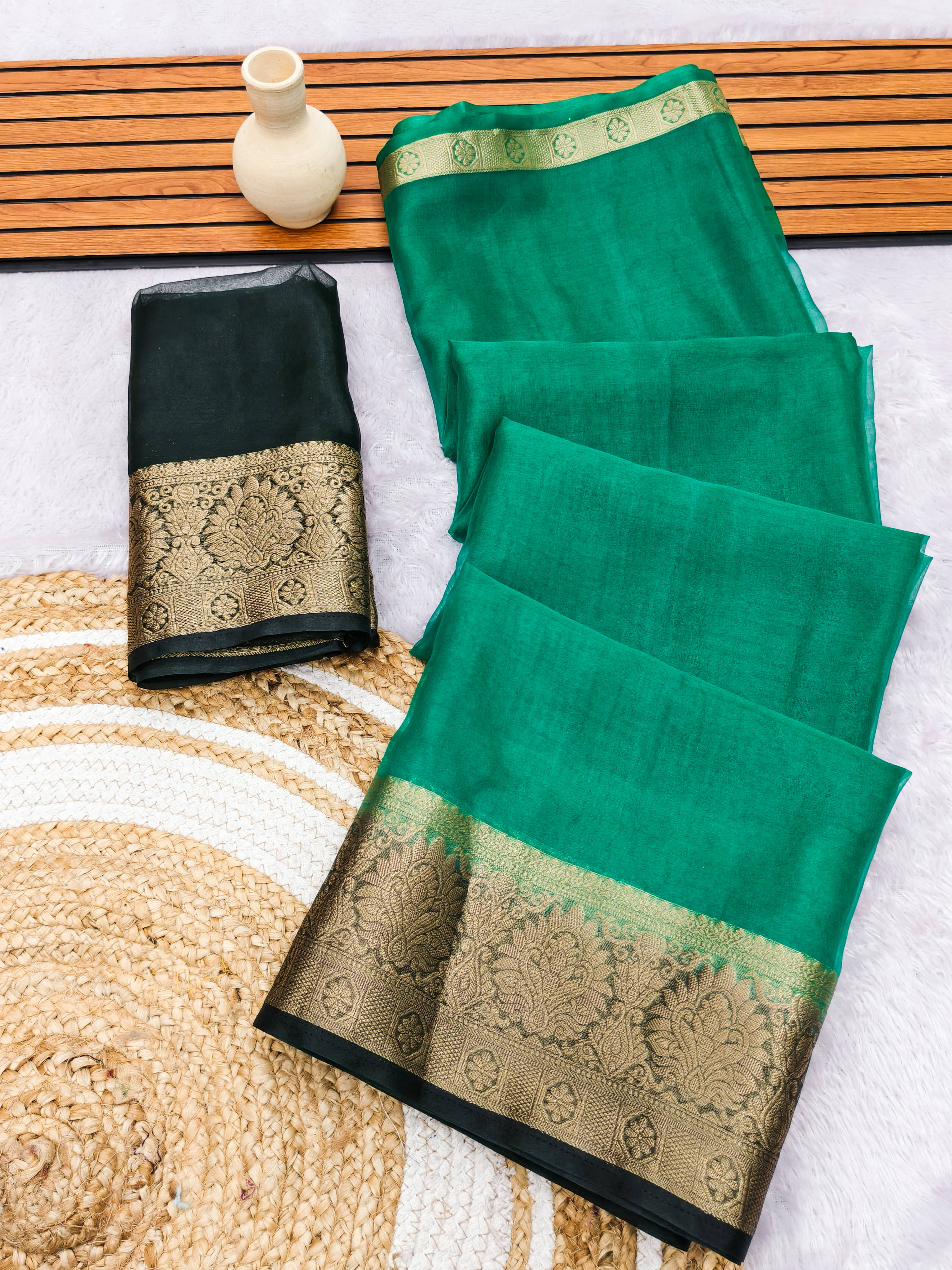 HEMA SILK MILLS Organza Solid Regular Saree With Unstitched Blouse Piece ( Sea Green ) - Sarees | Buy online on ZillyBuy