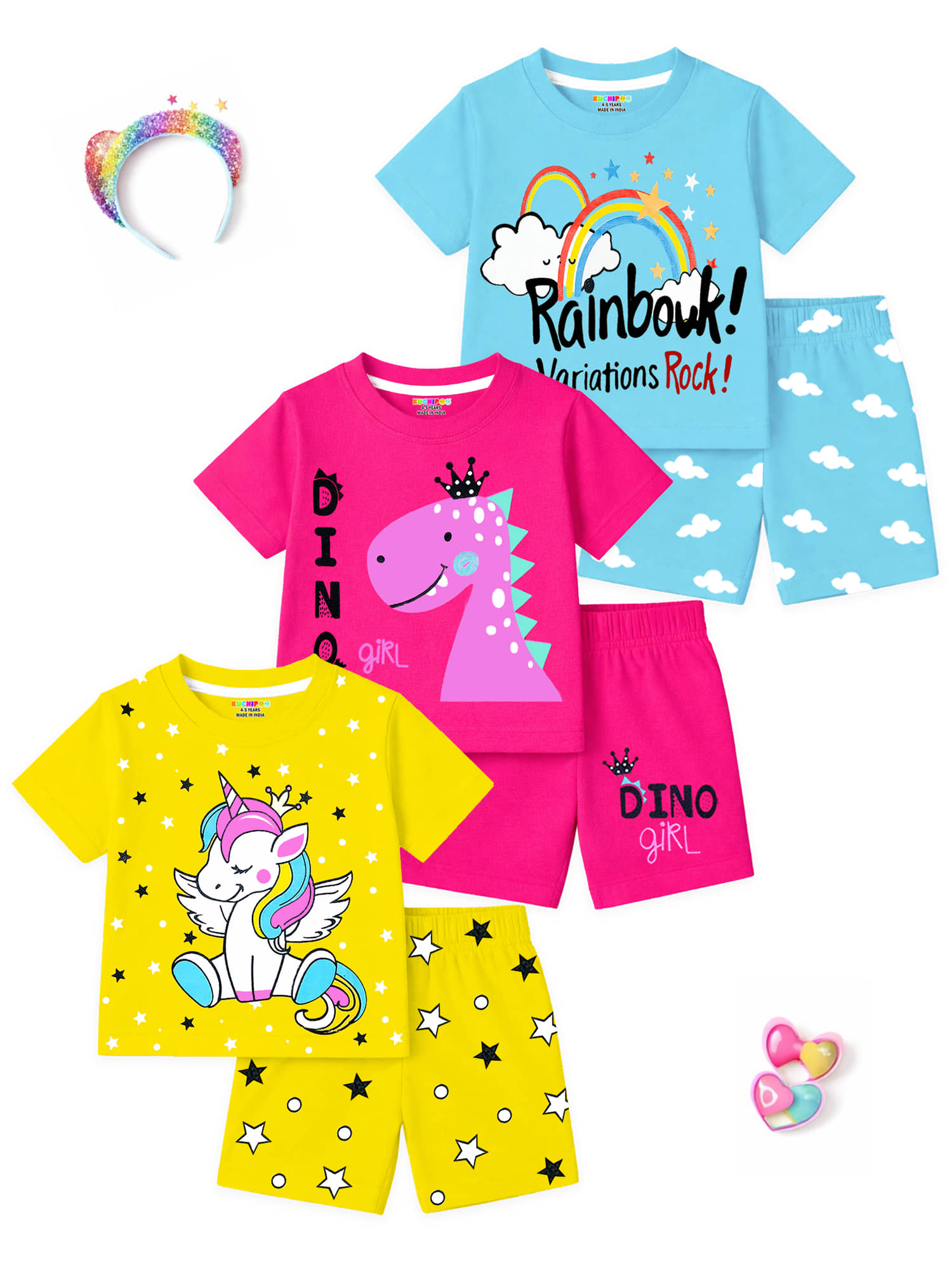 Kuchipoo Pack of 3 Girls Cotton Blend T-shirt & Shorts ( Multicolor 1 )