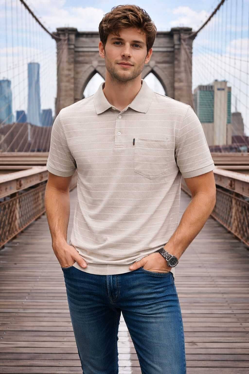 WILD ELEPHANT Men Cotton Blend Regular Fit Striped Polo T Shirt ( Beige )