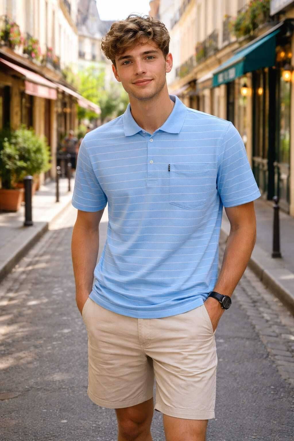 WILD ELEPHANT Men Cotton Blend Regular Fit Striped Polo T Shirt ( Light Blue )