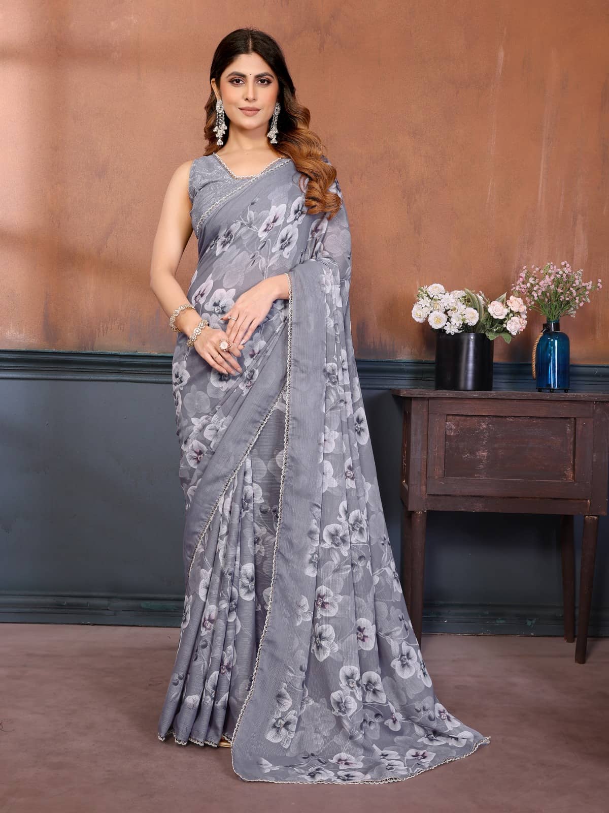 BLEESBURY Chiffon Printed Regular Saree With Unstitched Blouse Piece ( Pink )