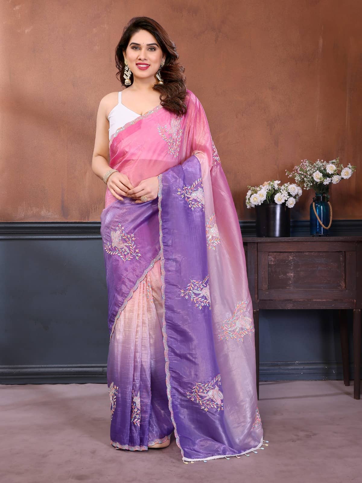 BLEESBURY Organza Embroidered Regular Saree With Unstitched Blouse Piece ( Multicolor 3 ) - Sarees | Buy online on ZillyBuy