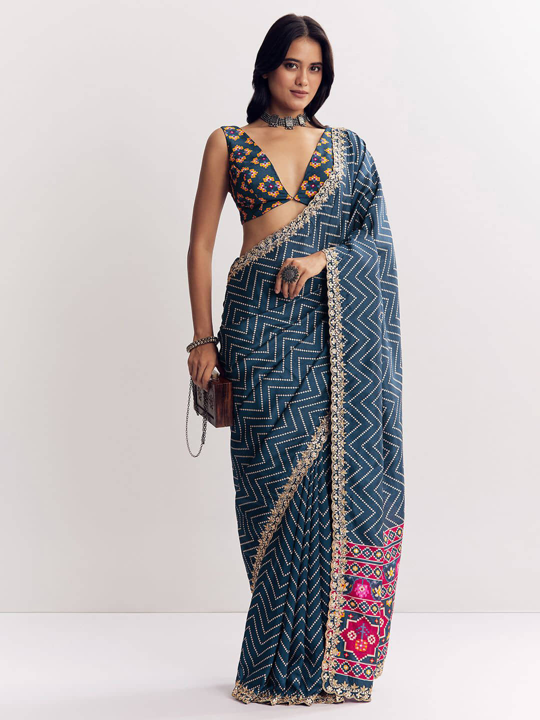 BLEESBURY Silk Blend Printed Bandhani Sarees With Unstitched Blouse Piece ( Blue )