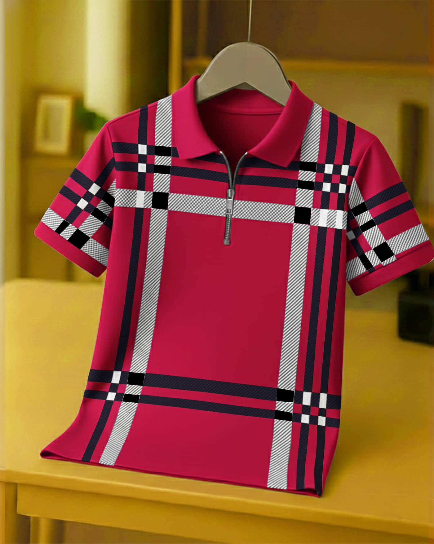 AOOSH Men Cotton Blend Regular Fit Checks Polo T Shirt ( Pink )