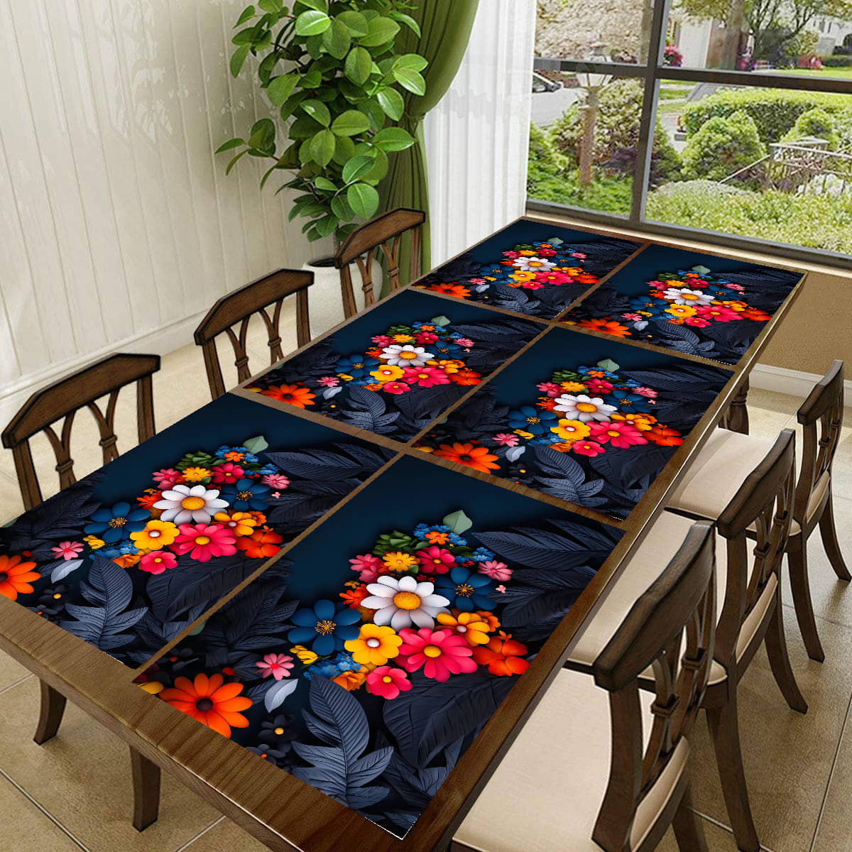 CreadCraft PVC Floral Rectangle Table Mats ( 42 cm x 30 cm ) Pack of 6 - Multi