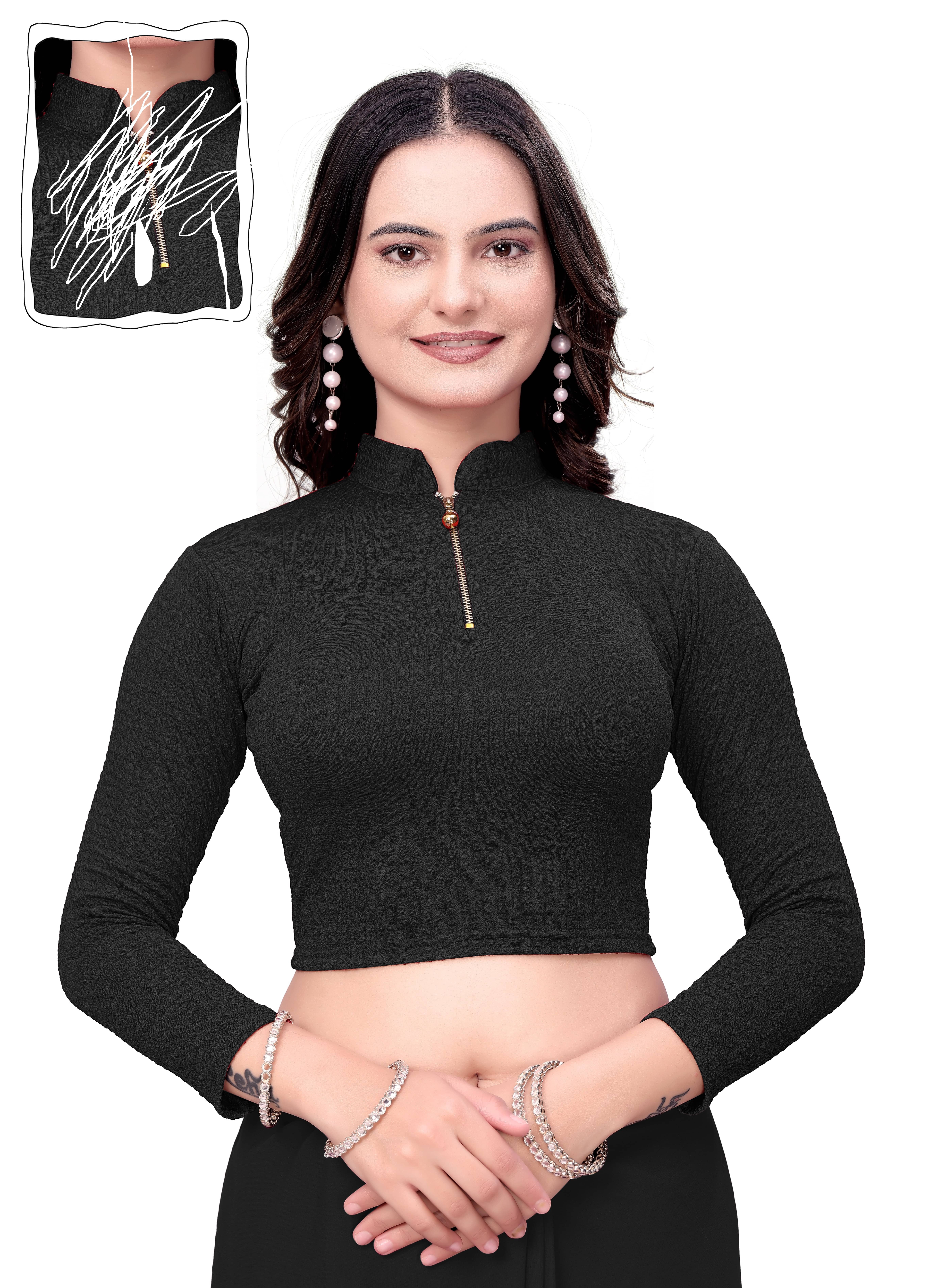 DELTIN HUB Cotton Blend Semi Stitched Round Neck Women's Blouse ( Black )