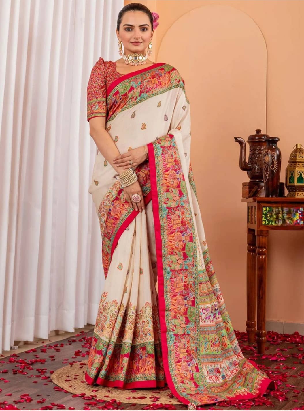 Gazal Fashions Cotton Silk Printed Kashmiri Kani Saree With Unstitched Blouse Piece ( Yellow ) - Sarees | Buy online on ZillyBuy
