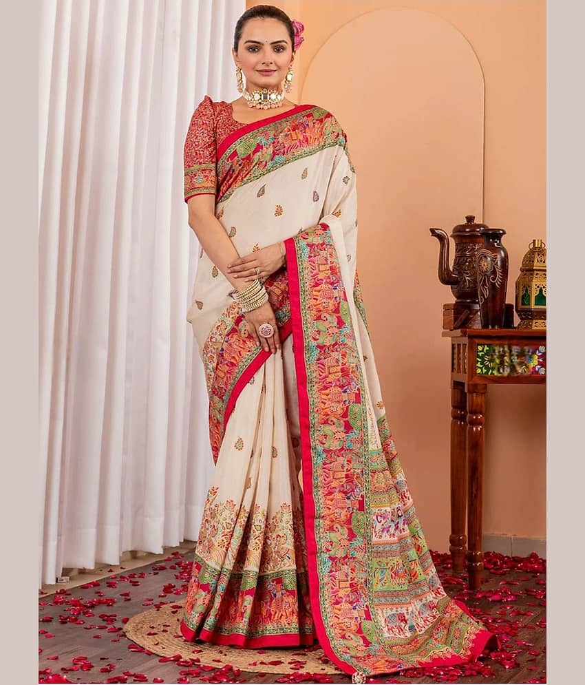 Gazal Fashions Cotton Silk Printed Kashmiri Kani Saree With Unstitched Blouse Piece ( Yellow ) - Sarees | Buy online on ZillyBuy