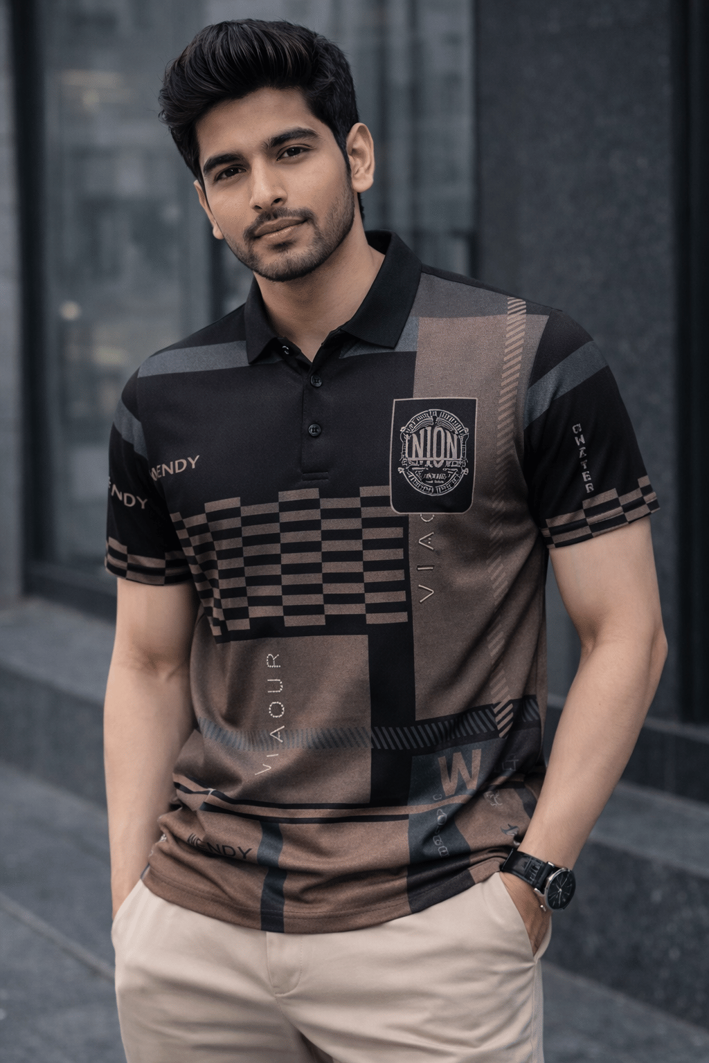 TAZO Men Polyester Regular Fit Printed Polo T Shirt ( Black )