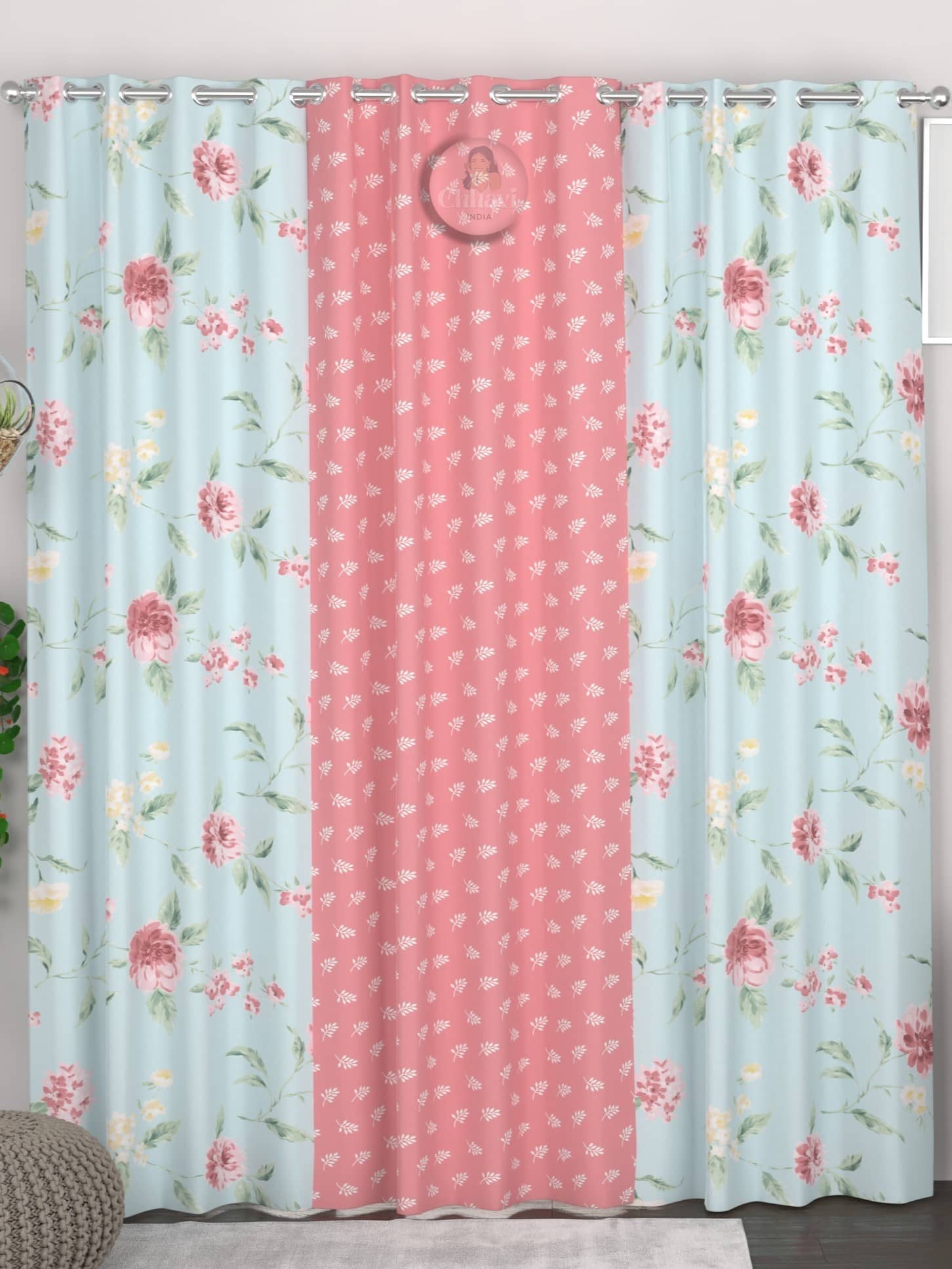 chhavi india Floral Semi-Transparent Eyelet Curtain 7 ft ( Pack of 3 ) - Light Blue