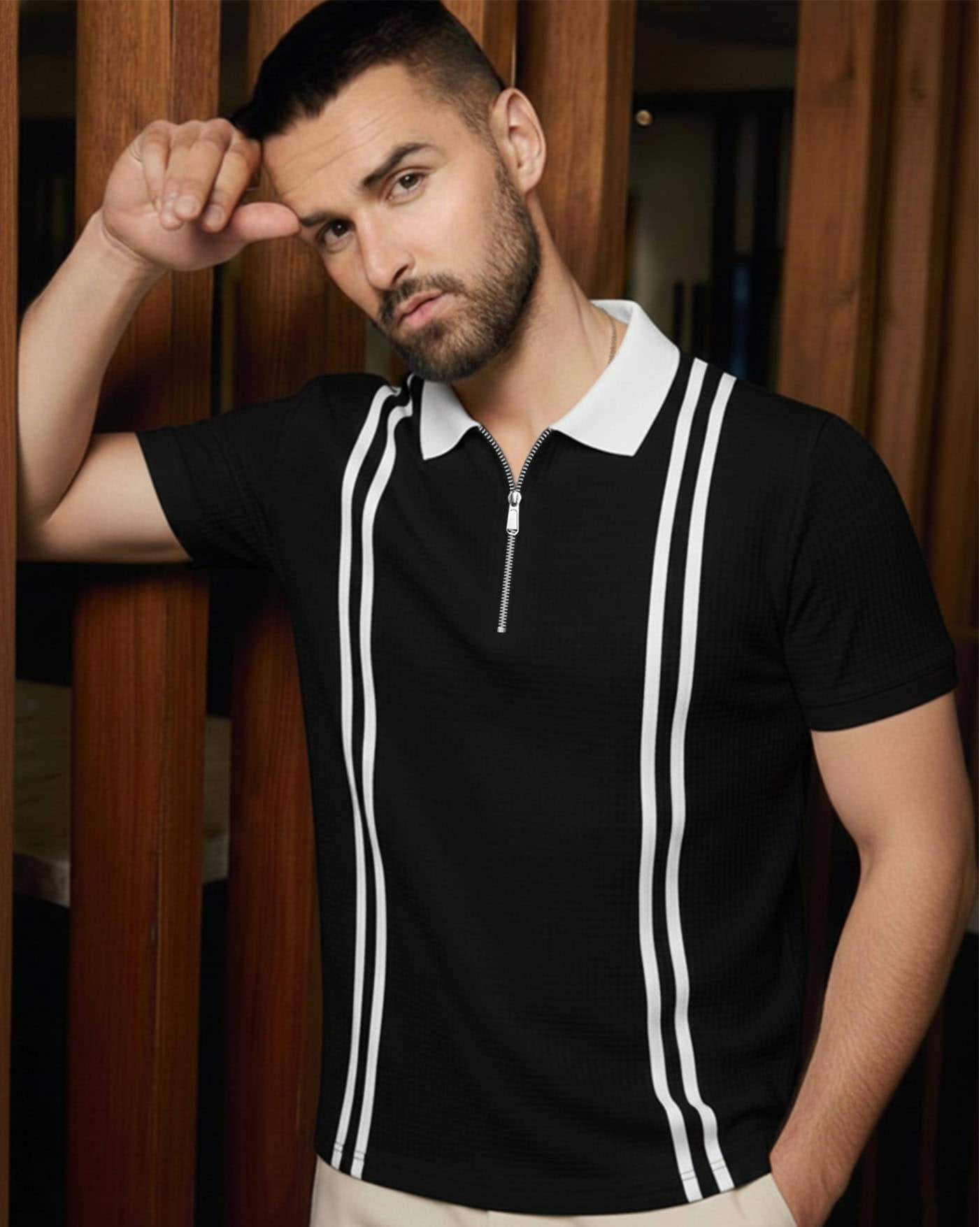 AUSK Men Cotton Blend Regular Fit Striped Polo T Shirt ( White )
