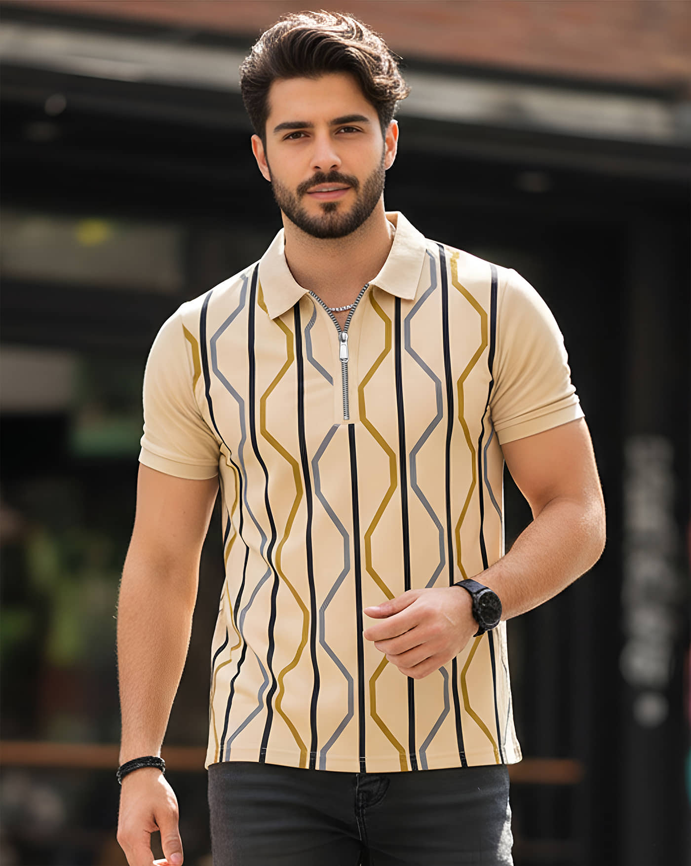 AUSK Men Cotton Blend Regular Fit Striped Polo T Shirt ( Beige )