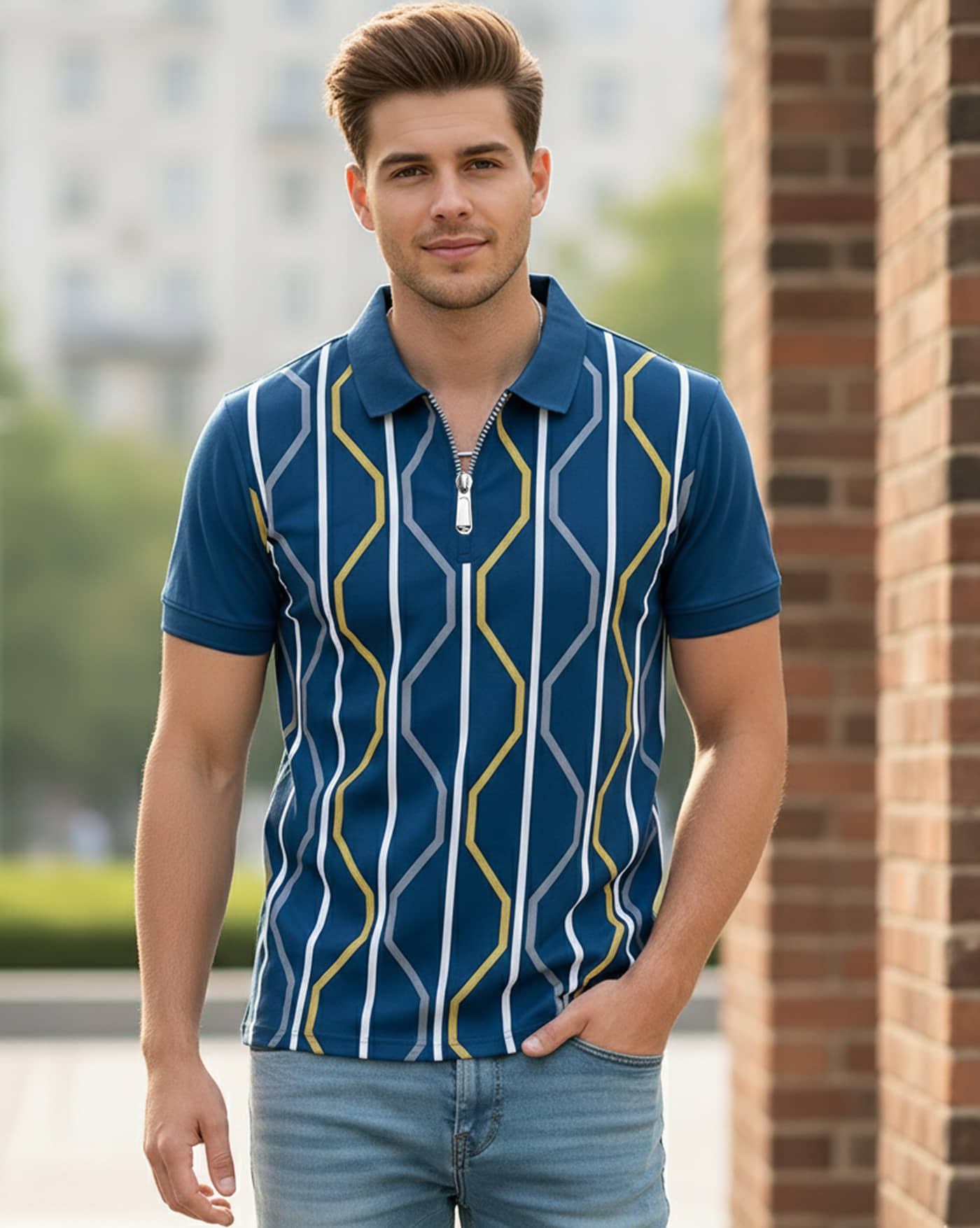 AUSK Men Cotton Blend Regular Fit Colorblock Polo T Shirt ( Beige )