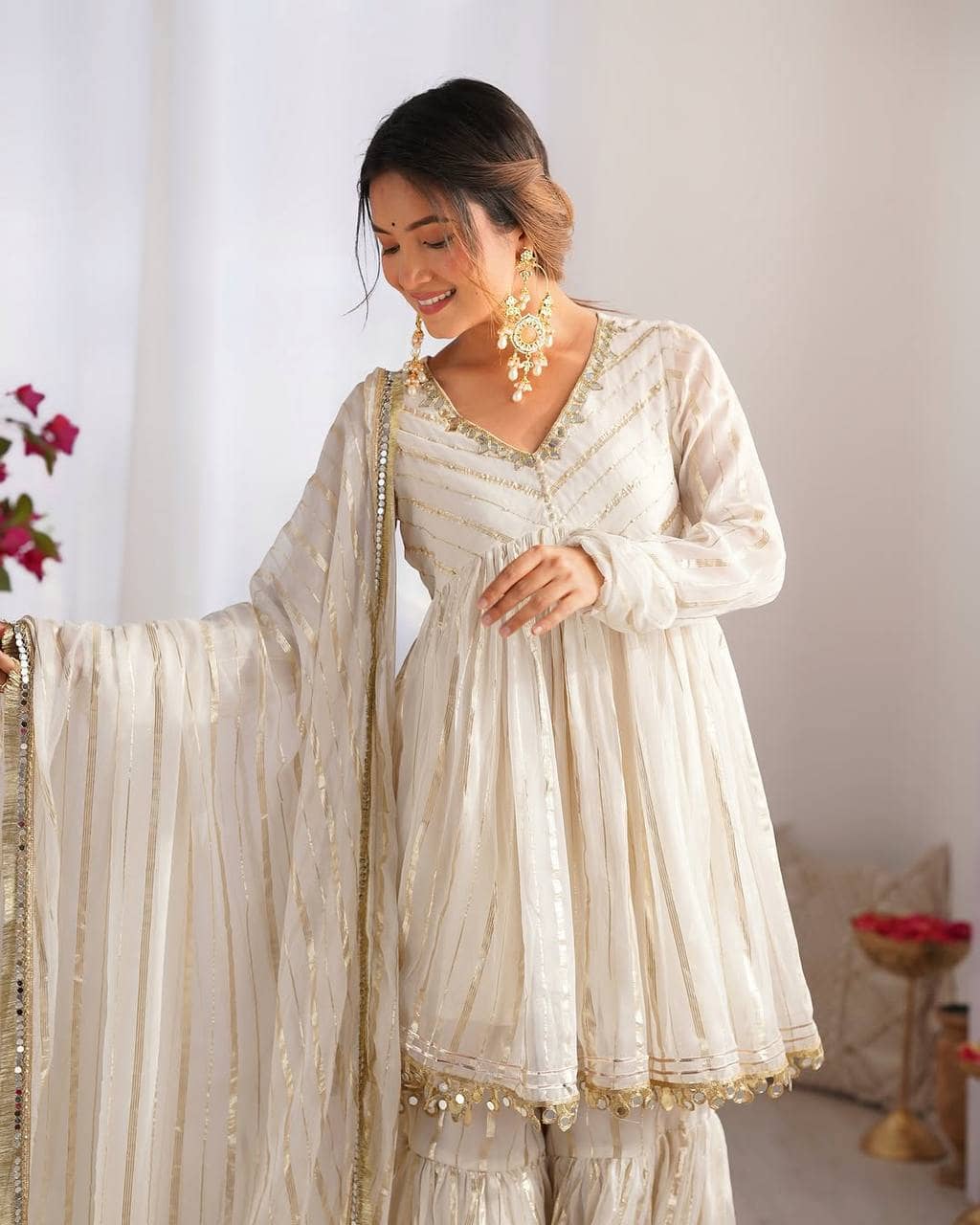 rangvini Women Chanderi Striped Ethnic Motifs Kurti With Sharara And Gharara ( White )