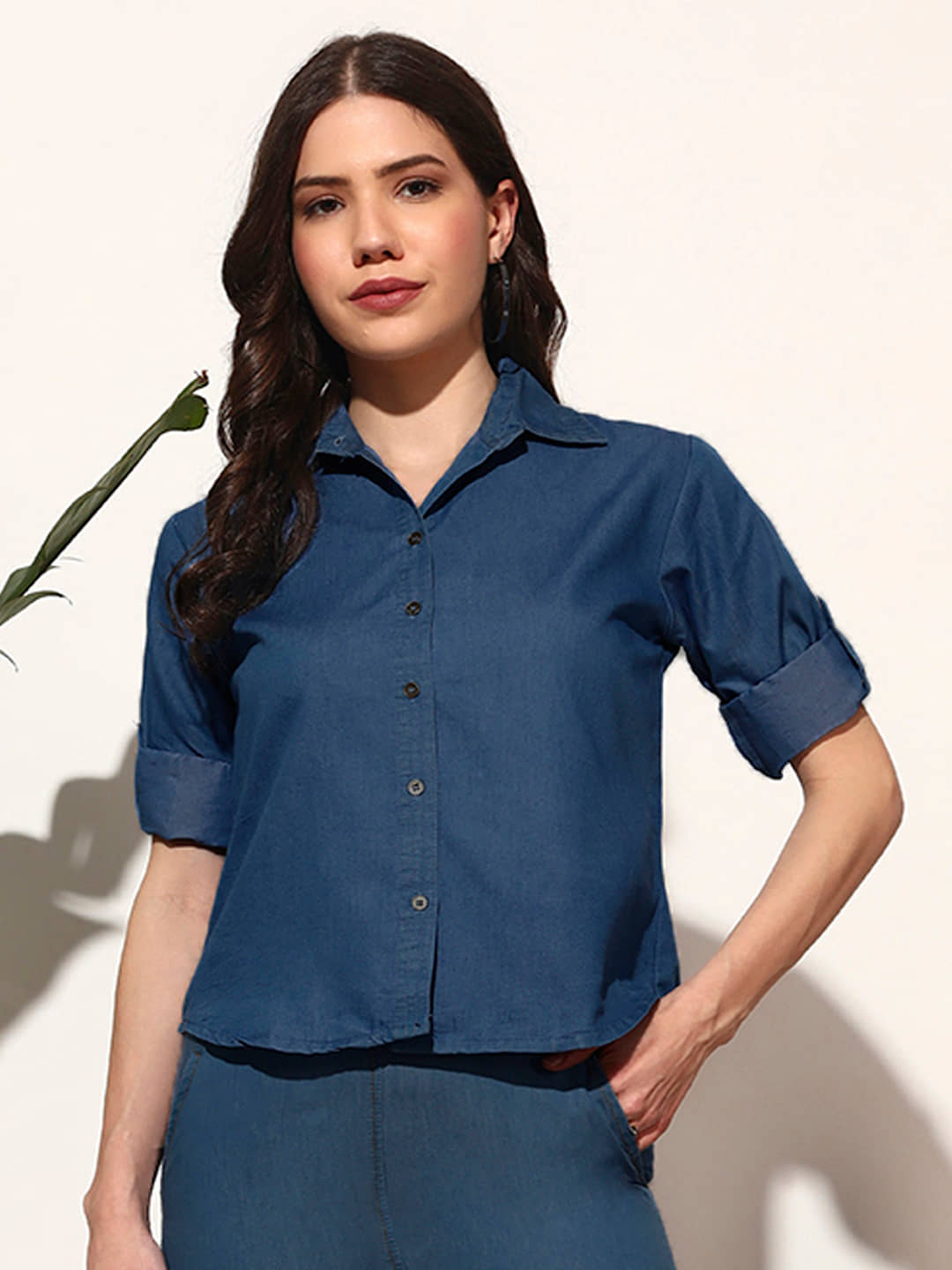 Addyvero Women Solid Denim Shirt ( Navy Blue )